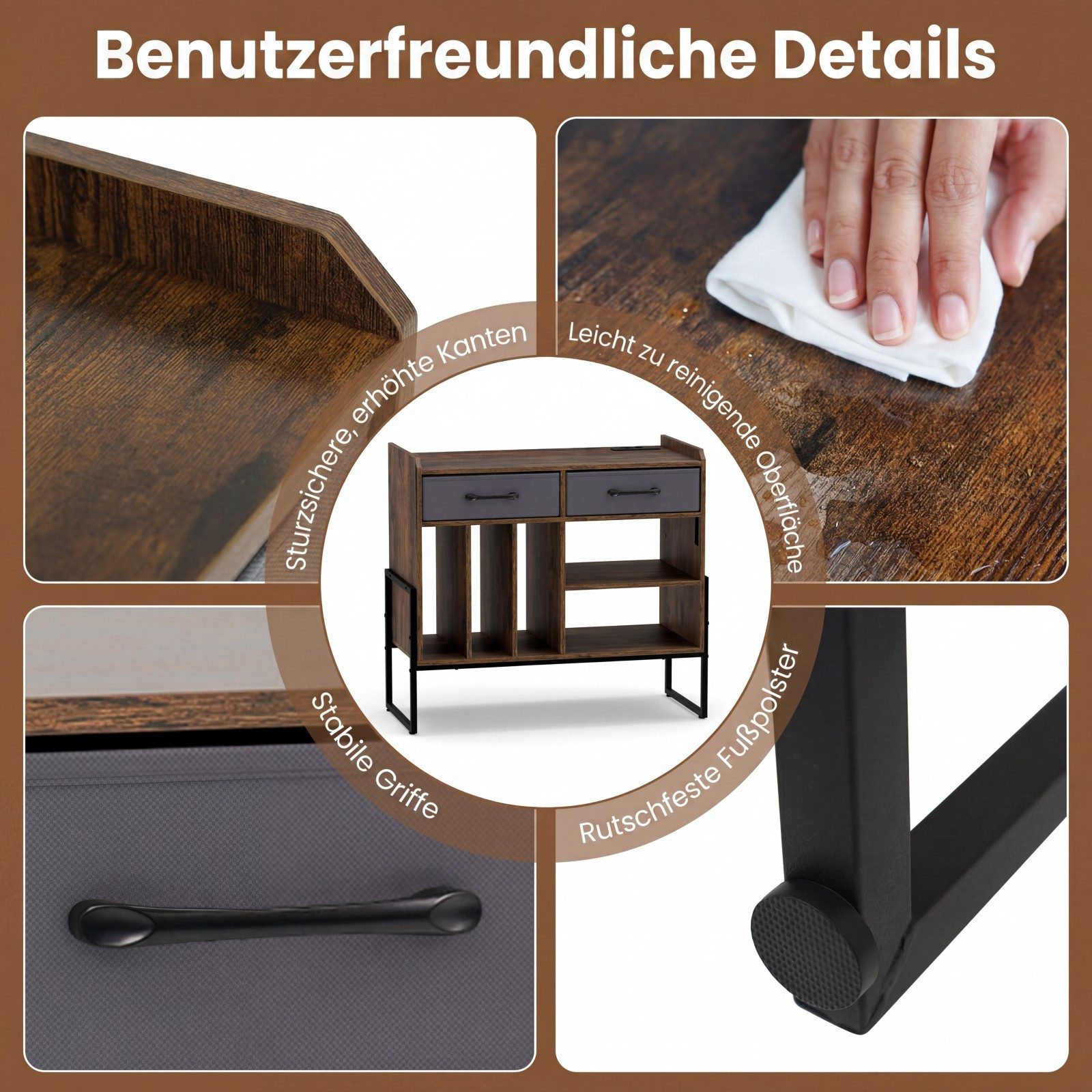 COSTWAY Sideboard Plattenspieler Tisch mit Steckdosen, Schallplattenregal, Plattenständer – Bild 3 von 5