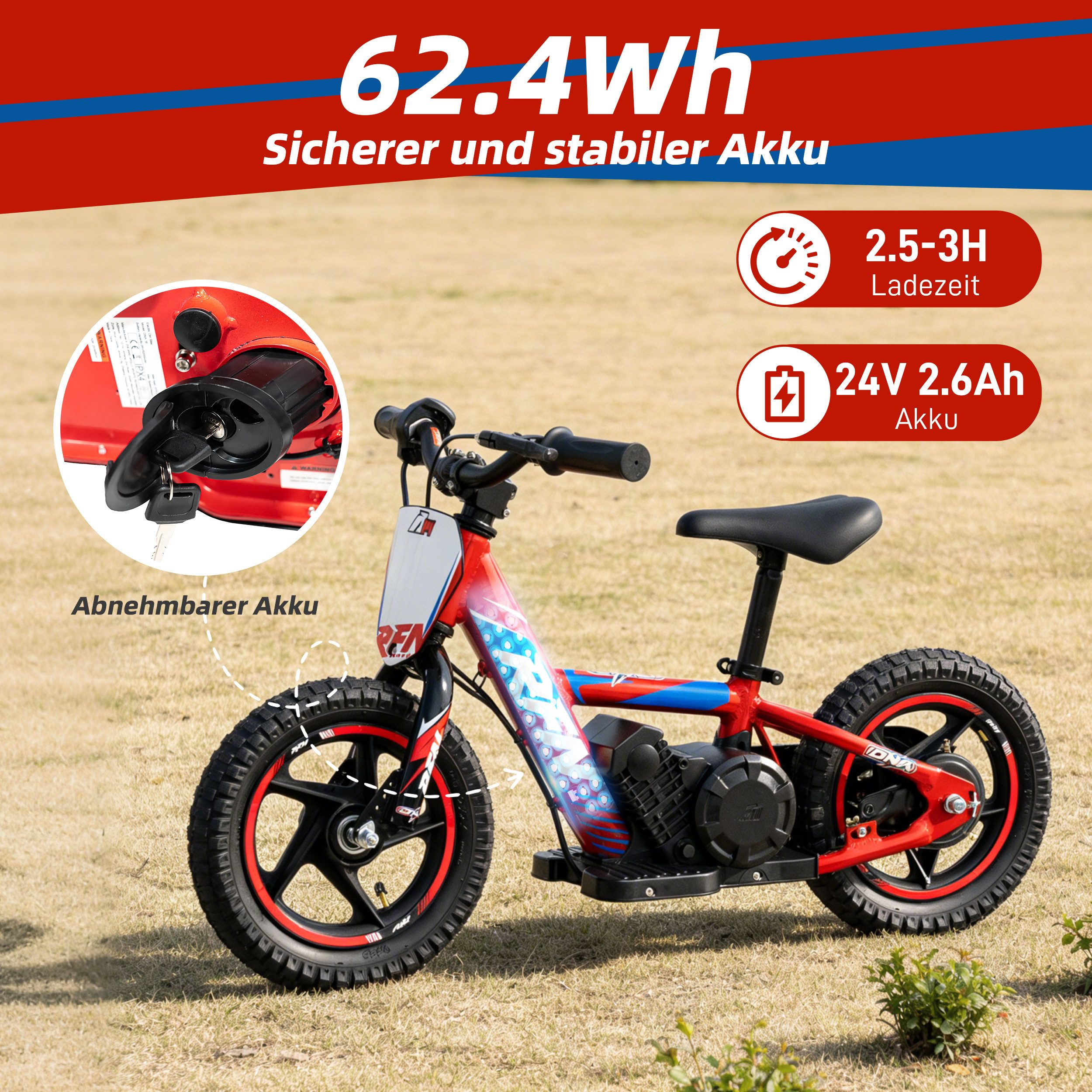 Vankel Elektro-Kindermotorrad DNA 12 100W 12 Zoll Electric Laufrad für Kinder 3-6 Jahre, Belastbarkeit 50 kg, 2 Fahrstufen, Bis 13 km/h, Offroad-Reifen