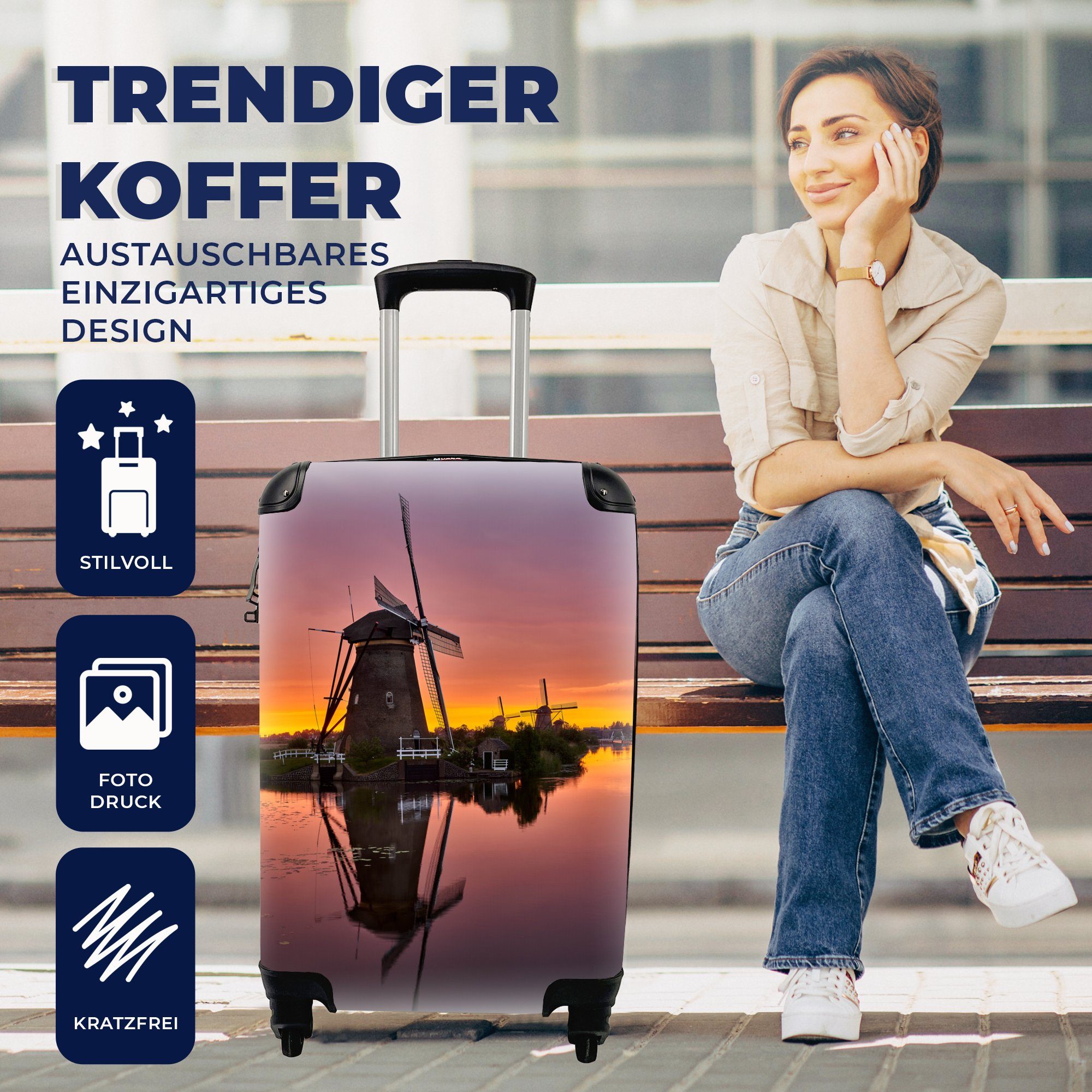 Reisekoffer Rollen, - Reisetasche mit Handgepäckkoffer Trolley, 4 Horizont Ferien, Handgepäck Windmühlen rollen, MuchoWow Nacht, - für