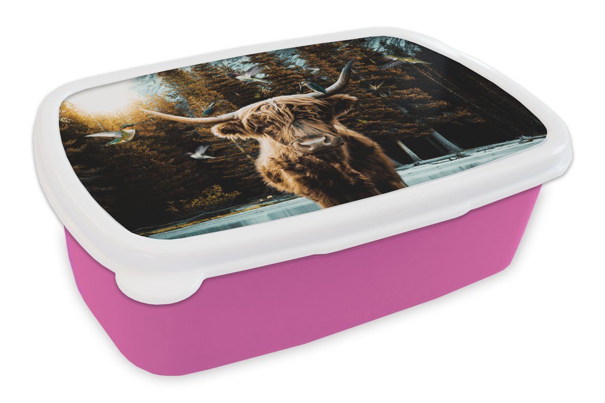 MuchoWow Lunchbox Schottischer Highlander - Kolibri - Wald, Kunststoff, (2-tlg), Brotbox für Erwachsene, Brotdose Kinder, Snackbox, Mädchen, Kunststoff rosa