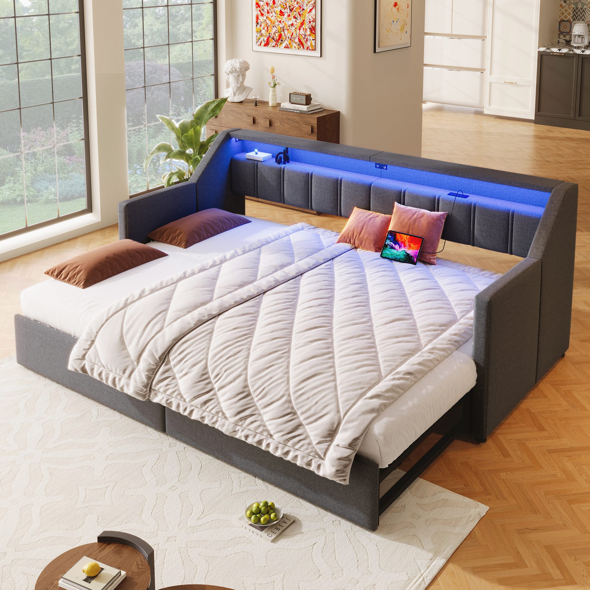 Flieks Daybett, Polsterbett 90/180x200cm mit USB-Aufladen, LED-Leiste und 2 Schubladen