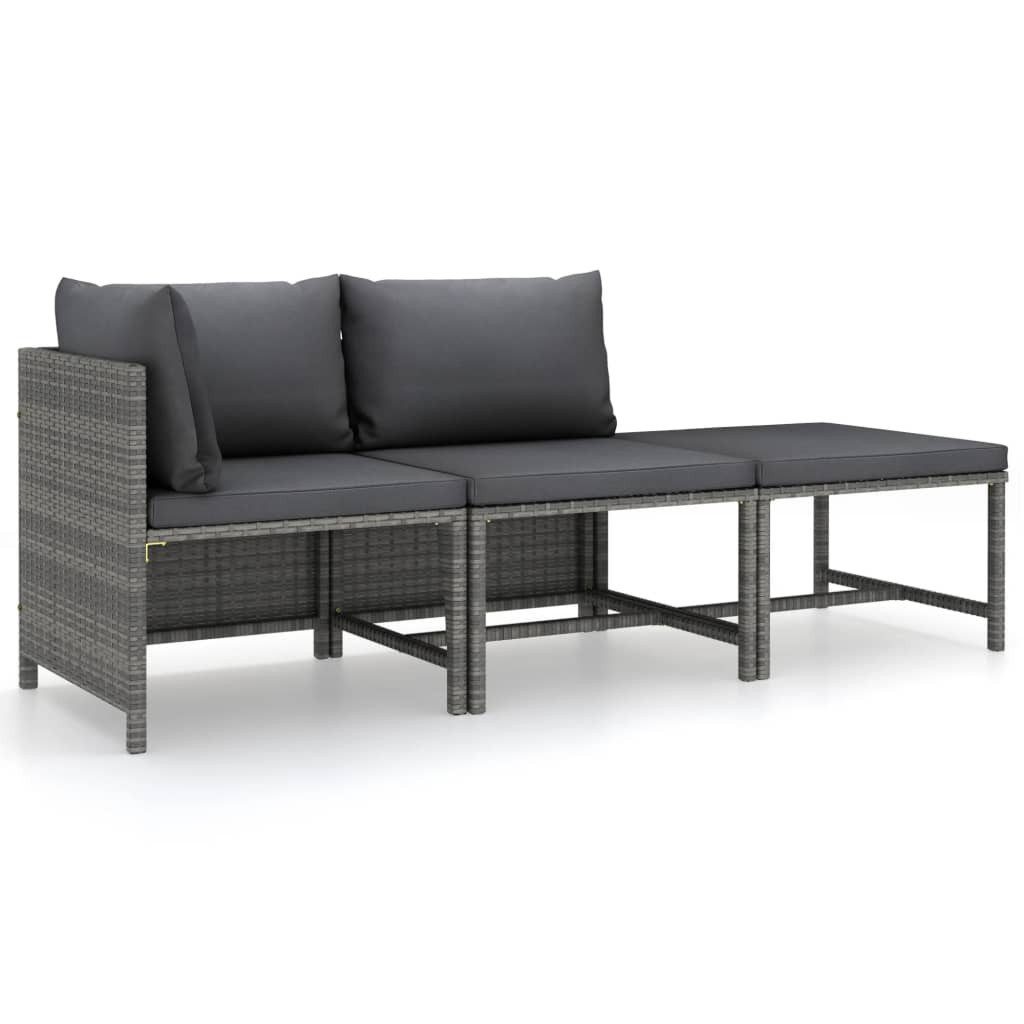 vidaXL Gartenlounge-Set 3-tlg. Garten-Lounge-Set mit Kissen Poly Rattan Grau, (1-tlg)