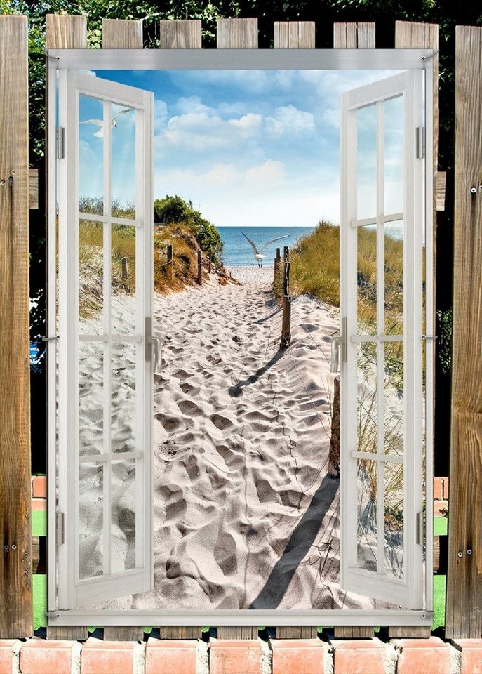 Thumbnail - Wallario Sichtschutzzaunmatten Möwen auf dem Weg zum Strand, mit Fenster-Illusion
