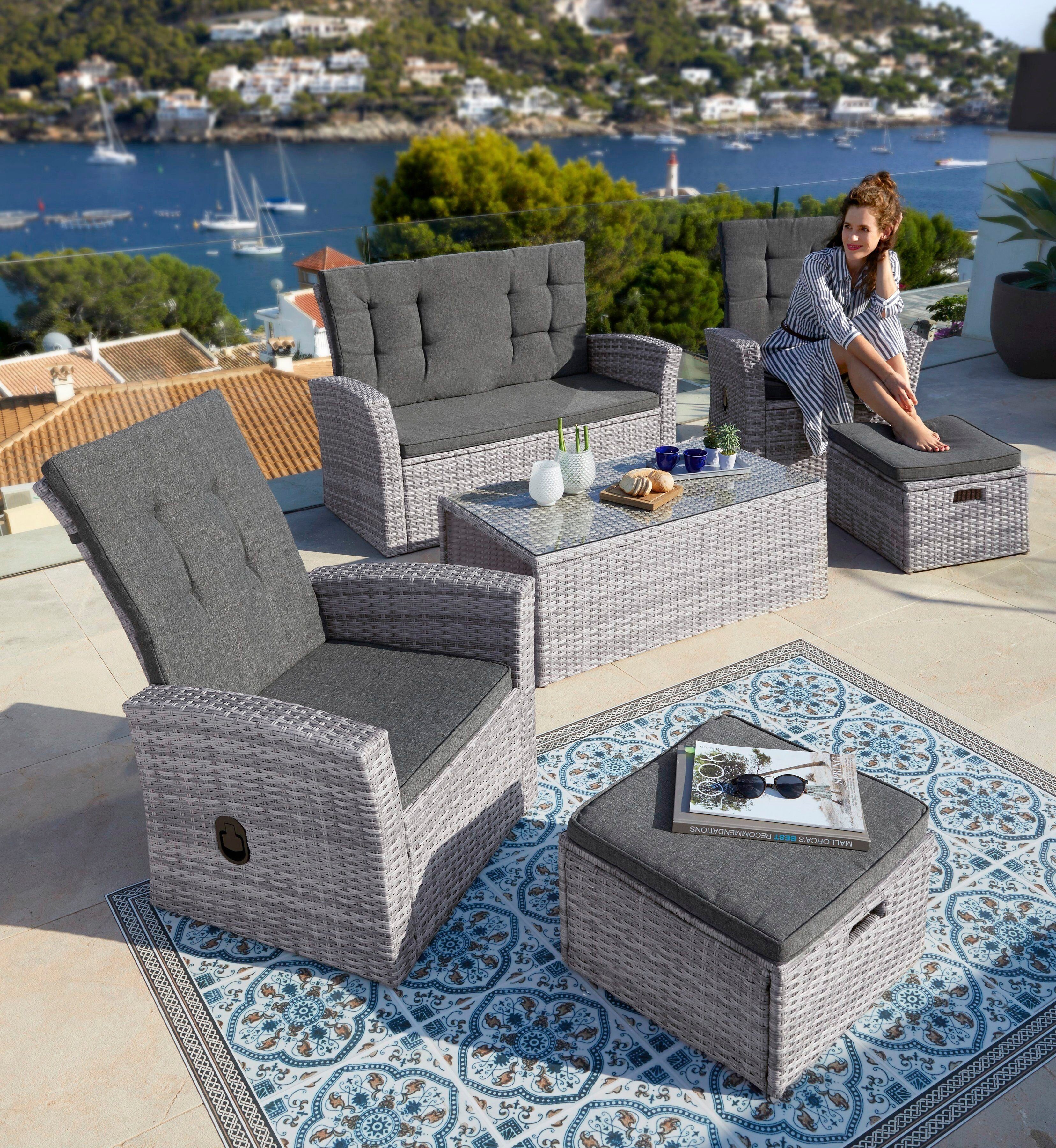 KONIFERA Gartenlounge-Set Lyon, (Set, 12-tlg., 1x 2er Sofa, 2xSessel, 2xHocker, 1xTisch 103,5x55x40cm,inkl. Auflagen), Polyrattan, verstellbare Rückenlehne der Sessel, Balkonset