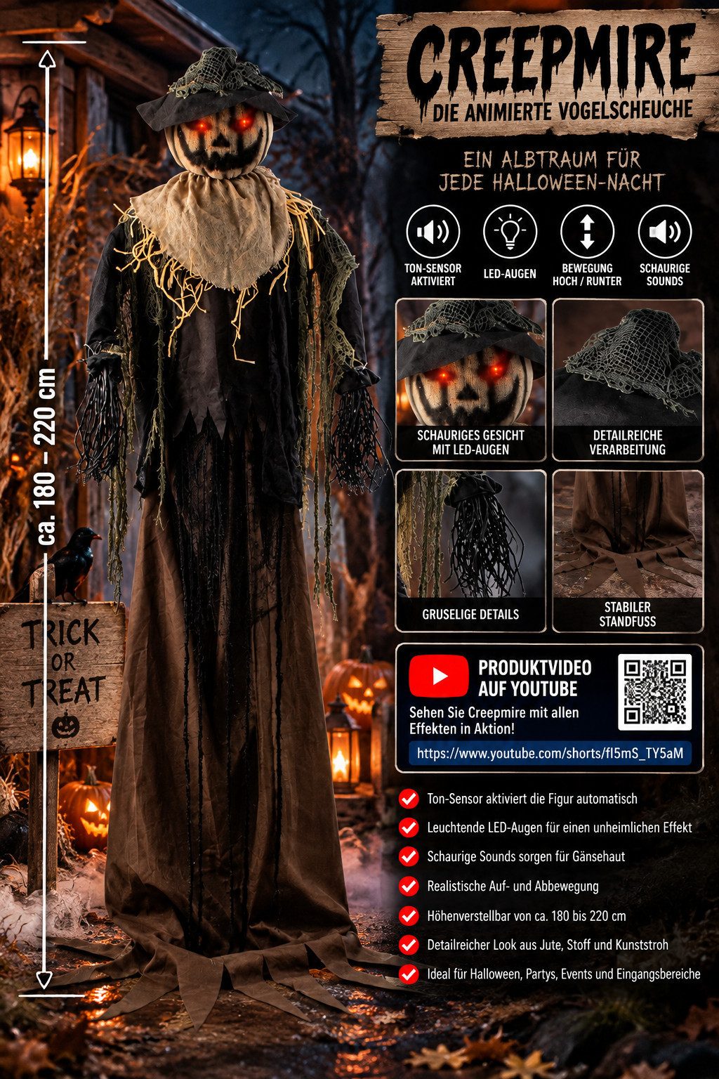 Mel-O-Design LED-Dekofigur Vogelscheuche Creepmire Sound LED Höhenbewegung 180–220cm Halloween (1 St) – Bild 4 von 4