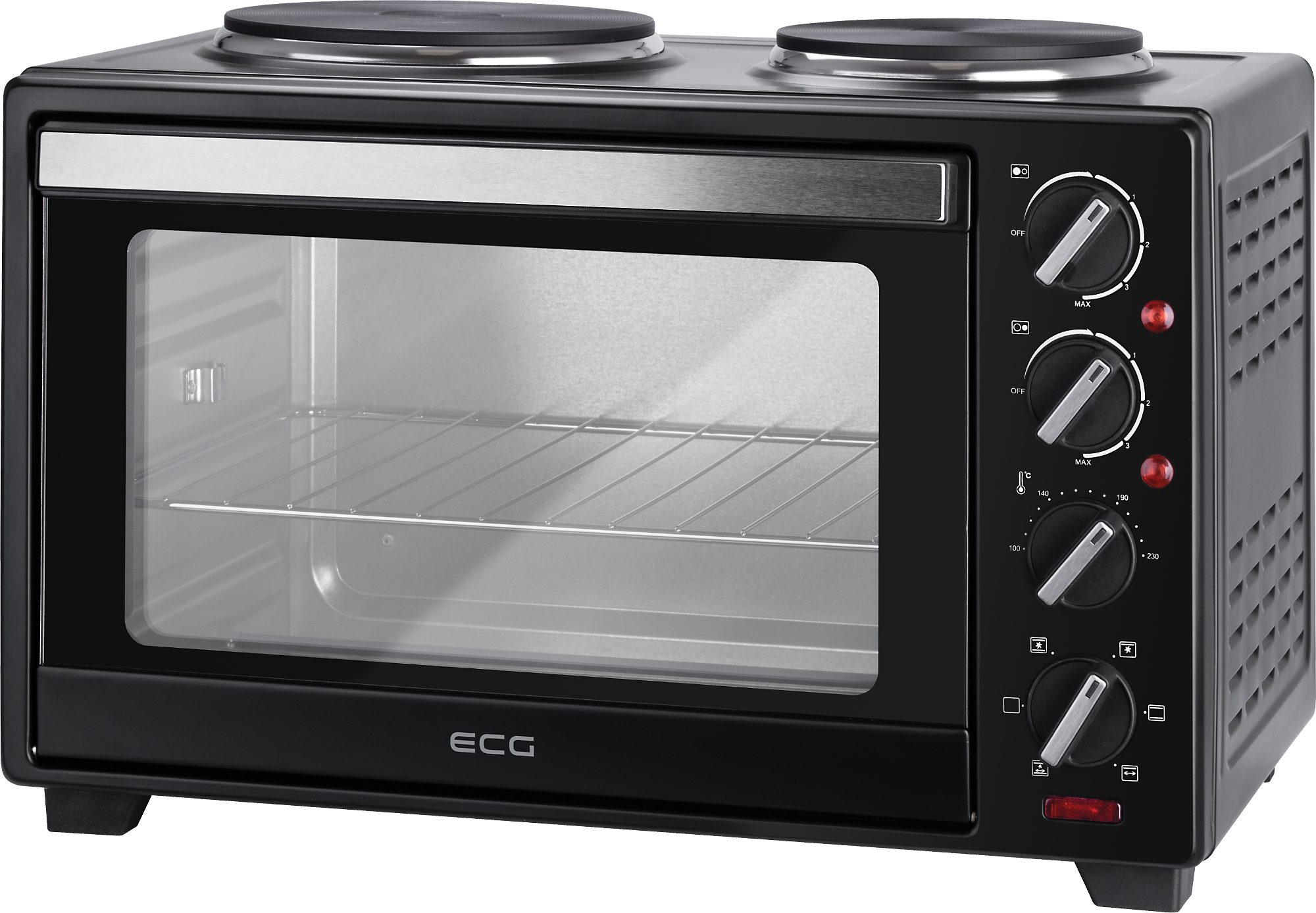 ECG Minibackofen ETH 3001B, Kompakter Minibackofen mit Kochplatte und Drehspieß