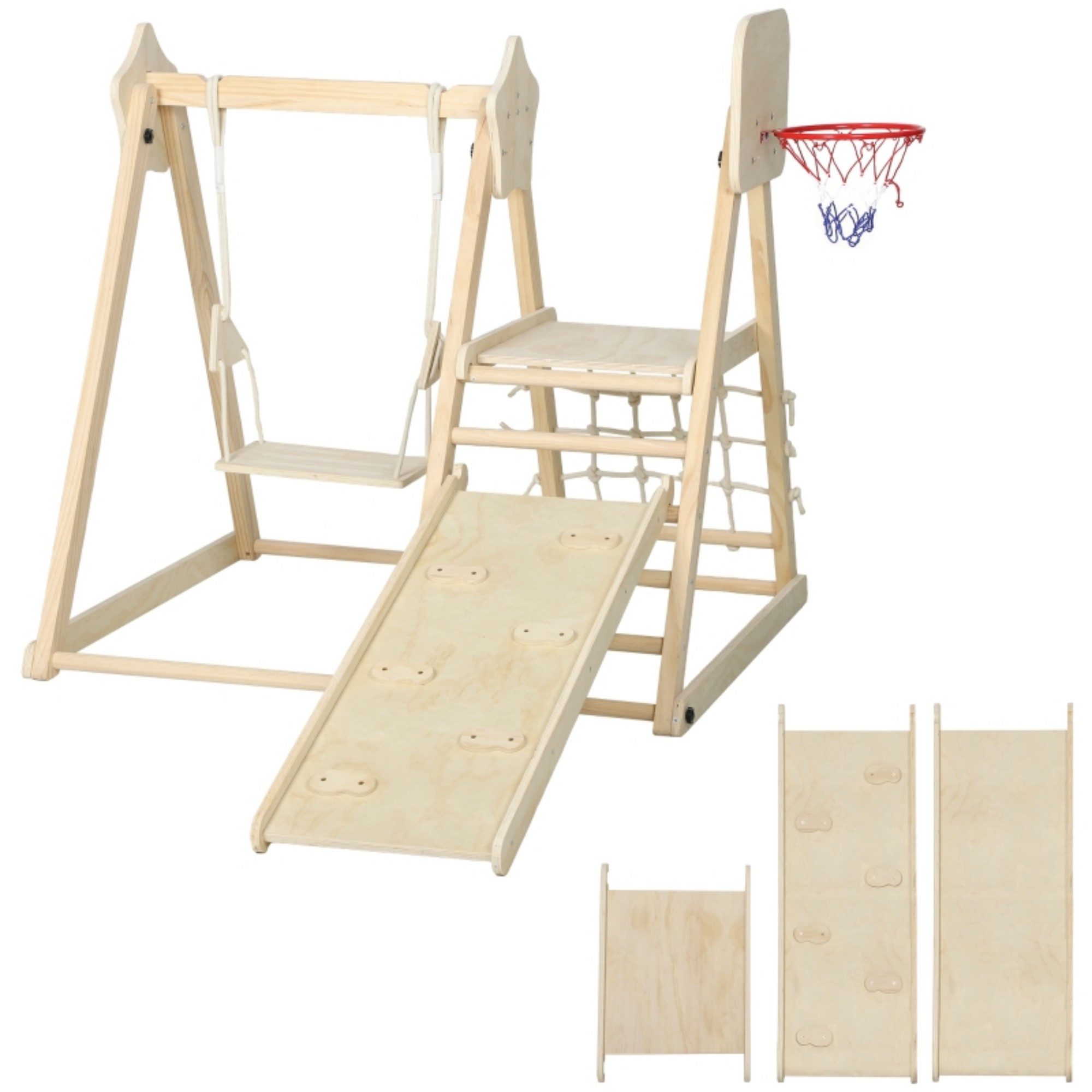 LVHOM Schaukelkombination 140x133x43cm, 5-in-1 klappbares Kinderschaukelset für 3-6 Jahren, (1xSchaukel, Klettergerüst mit Rutsche, Kletternetz und Basketballkorb, dreieckiges A-förmiges Holzgestell, Tragkraft 50kg), für Wohnzimmer, Kinderzimmer, Balkone, Terrassen, Parks