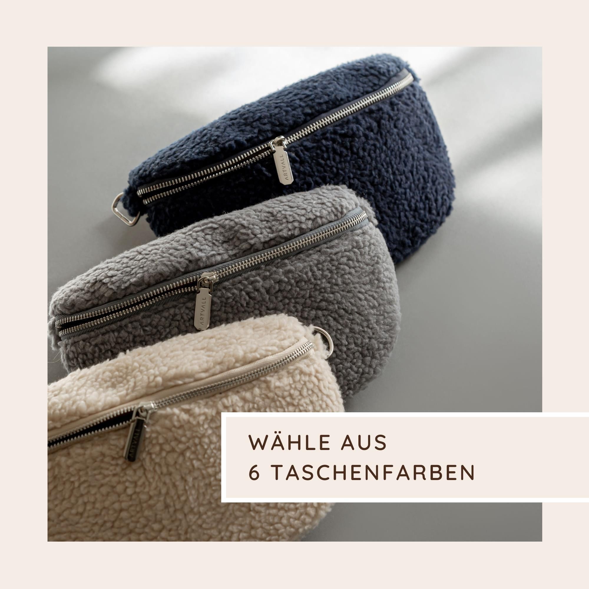 ARTVALL Umhängetasche Teddy Handtasche Brusttasche Crossbody Bag Schwarz (Tasche inkl. Taschenband), Bauchtasche Teddytasche mit breitem Band Plüsch Tasche flauschig Klein