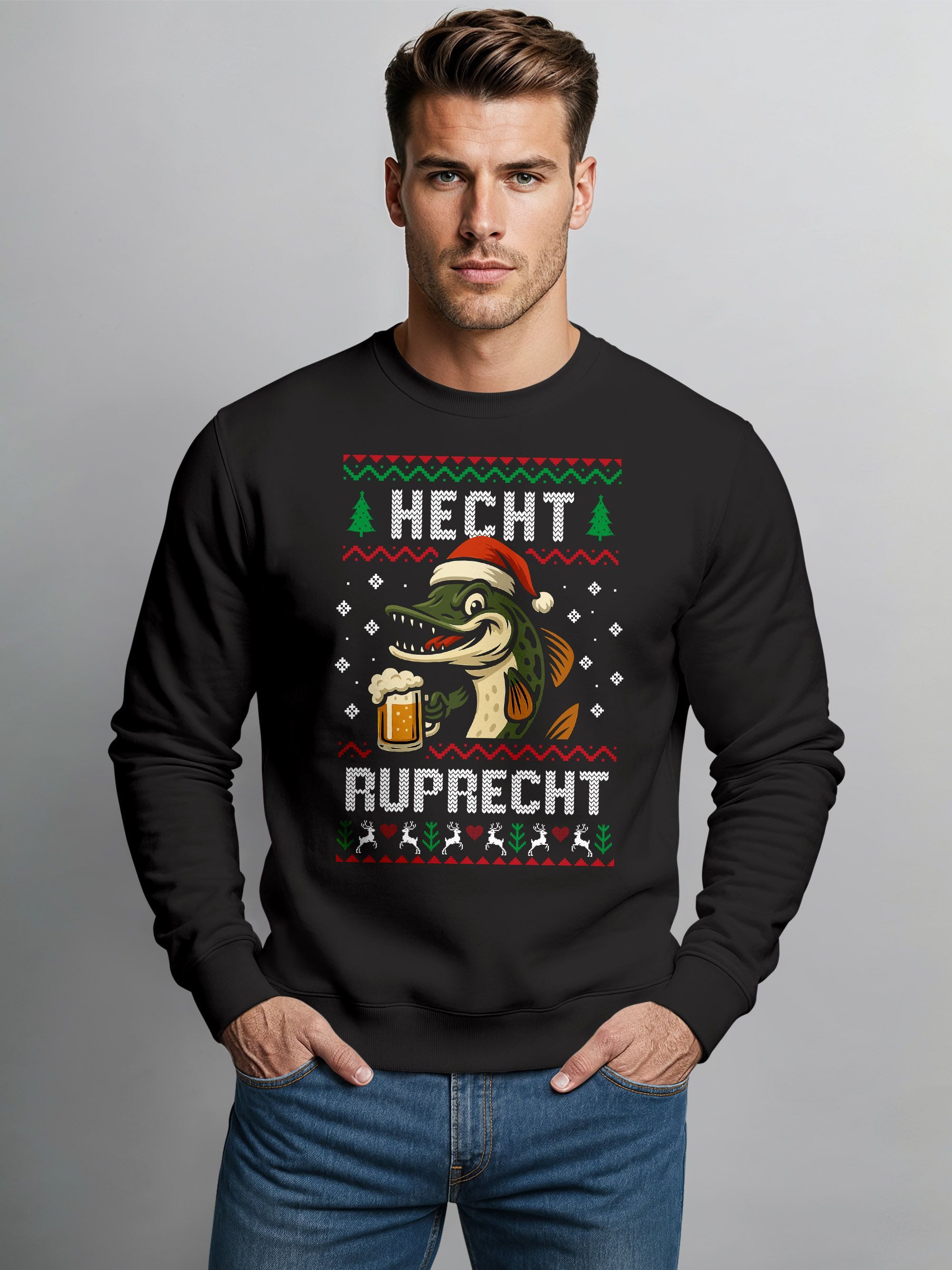 MoonWorks Sweatshirt Sweatshirt Herren Weihnachtspullover Lustig Hecht Rupr günstig online kaufen
