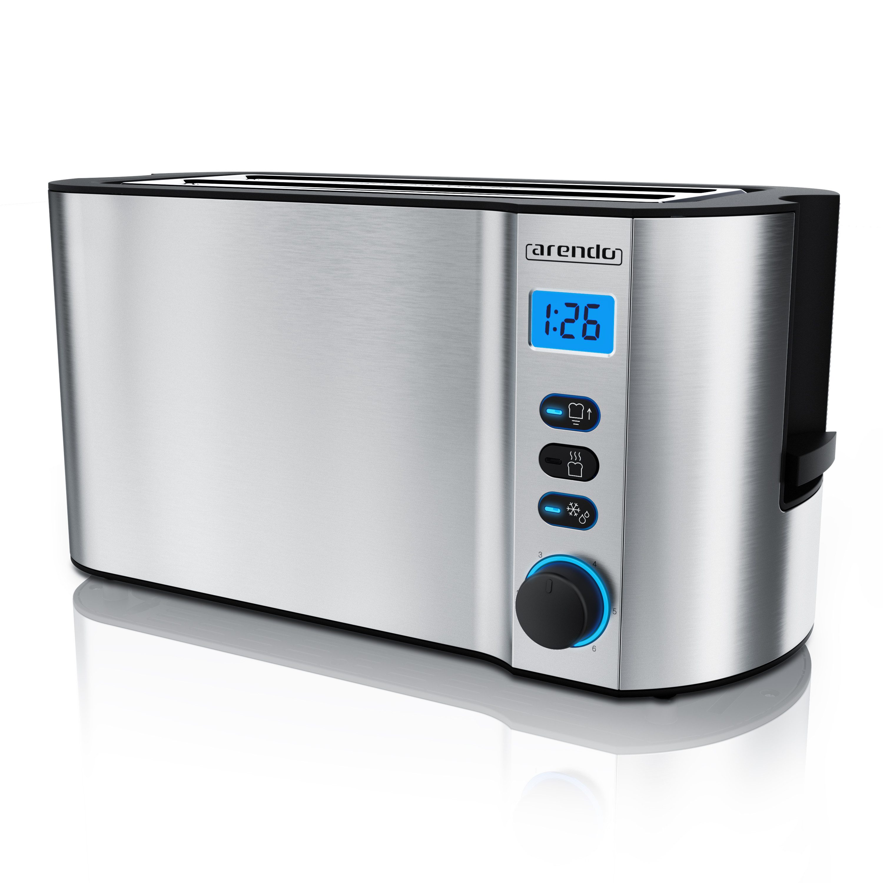 Arendo Toaster Langschlitz, Edelstahl, Display mit Restzeitanzeige, Krümelschublade, 2 lange Schlitze, für 4 Scheiben, 1500 W, Defrost Funktion, Wärmeisolierendes Gehäuse, mit Brötchenaufsatz