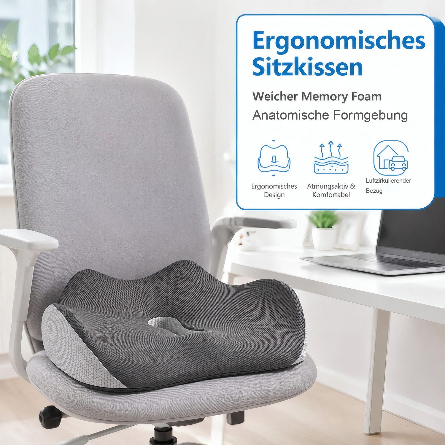 AIMAX Steißbeinkissen Hämorrhoiden Sitzkissen Orthopädisch Ergonomisch Multi-Stützkissen, Memory-Foam Sitzkissen für Bürostuhl, Auto & Zuhause, Rollstuhl, 1-tlg – Bild 3 von 5