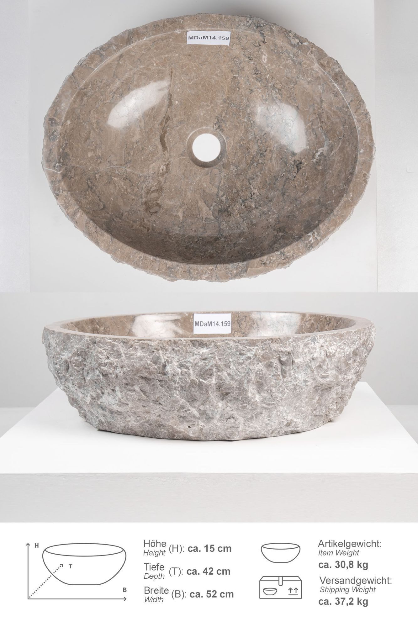 wohnfreuden Aufsatzwaschbecken Erosi Marmor Waschbecken 50 cm grau (Kein Set), 125872_MDaM14.159