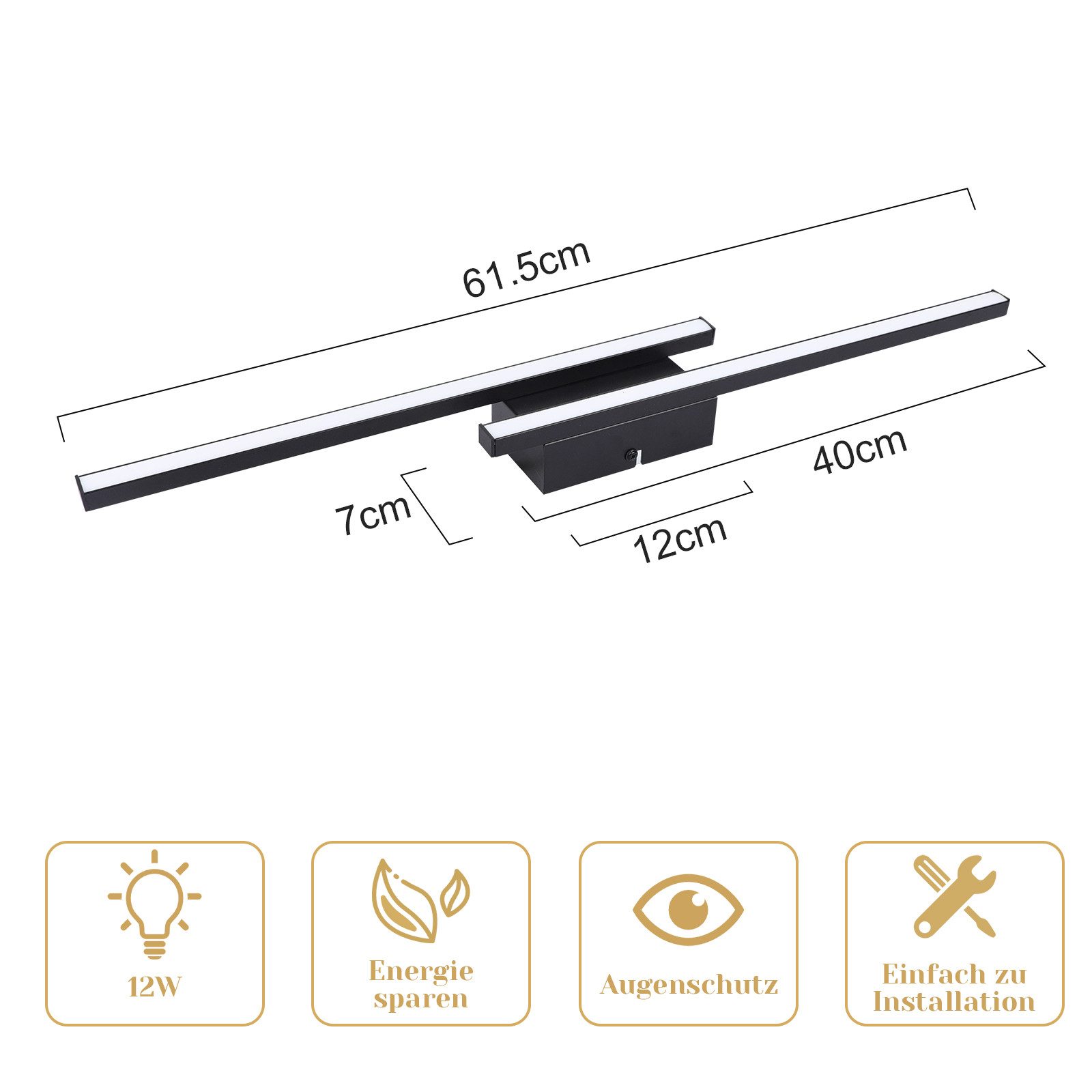 Nettlife LED Deckenleuchte Flur Wohnzimmer Schwarz modern Kristall Deckenlampe 12/24W, LED fest integriert, Warmweiß, ohne Kristalle 12W 61.5*7*4.8cm für Wohnzi – Bild 3 von 5