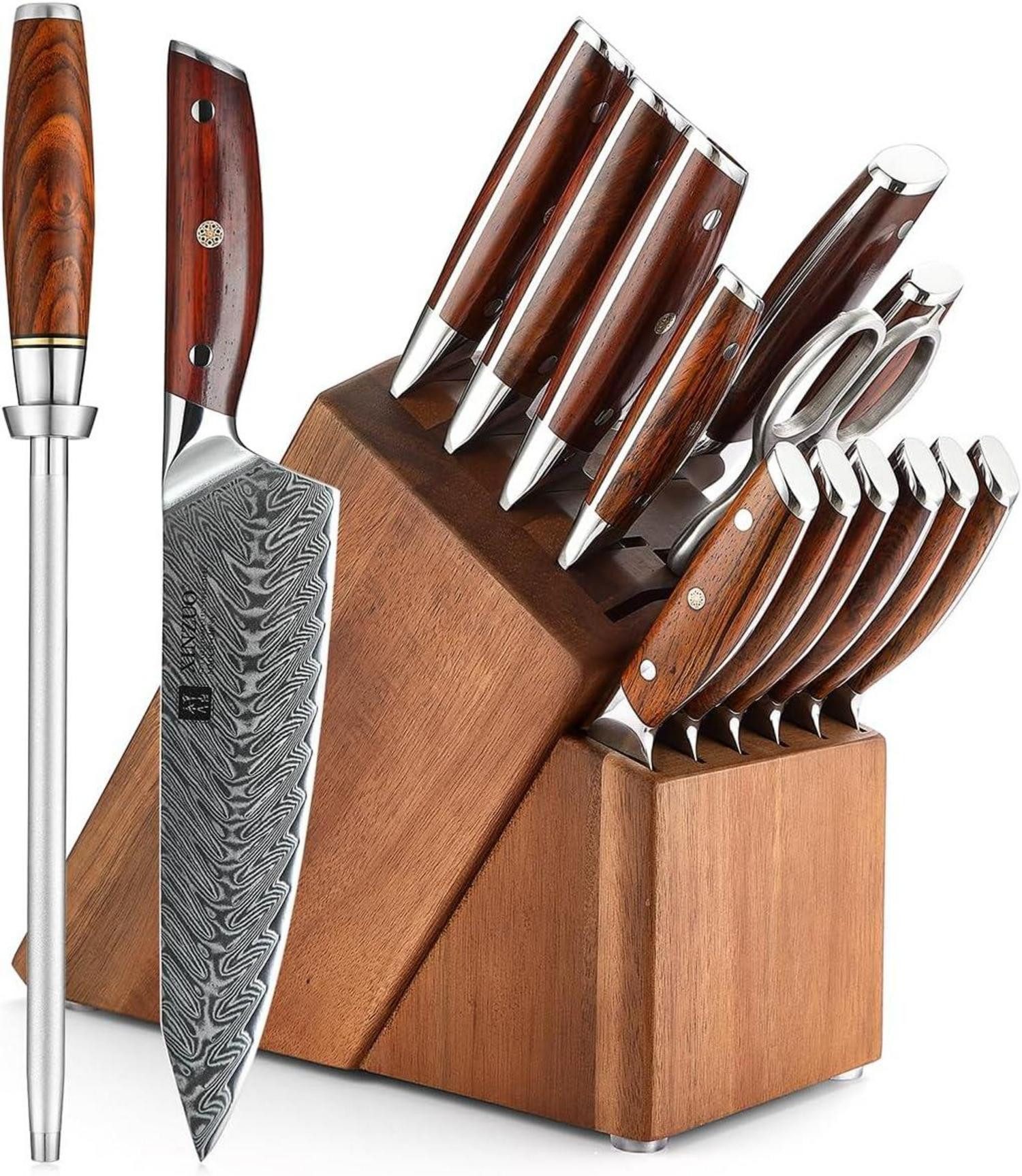 Messerblock Damaskus Küchenmesser Set 15er mit Akazienholz Messerblock und Schere