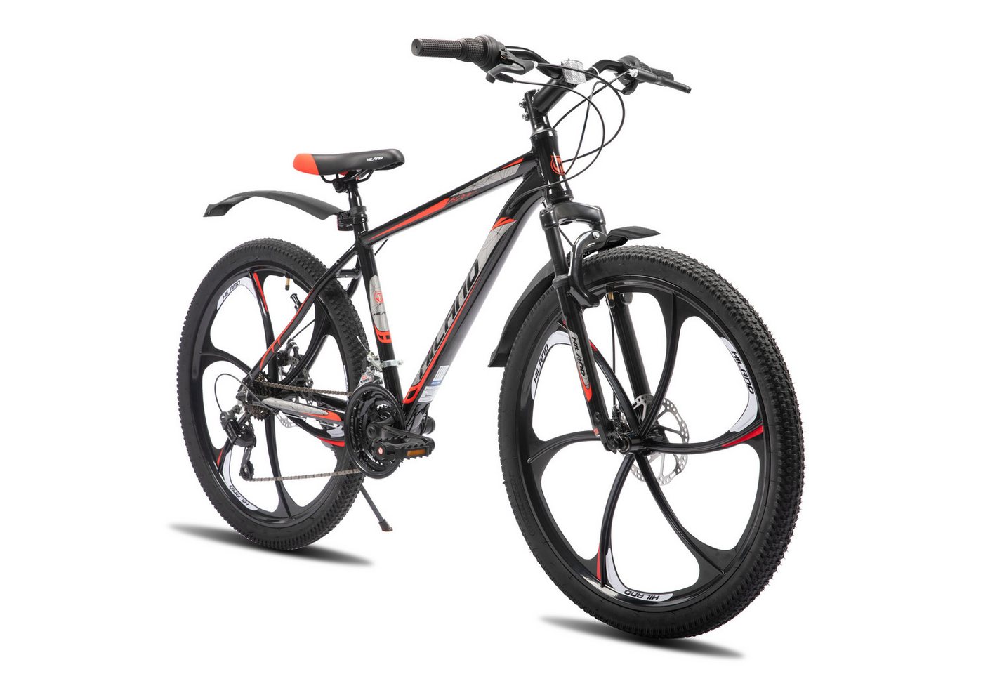HILAND Mountainbike 26" Aluminium MTB Shimano 18-Gang, 3D/6D Felgen wählbar, 3/6-Speichen-Räder, 18-Gang, mit Schutzblechen, Doppelscheibenbremsen