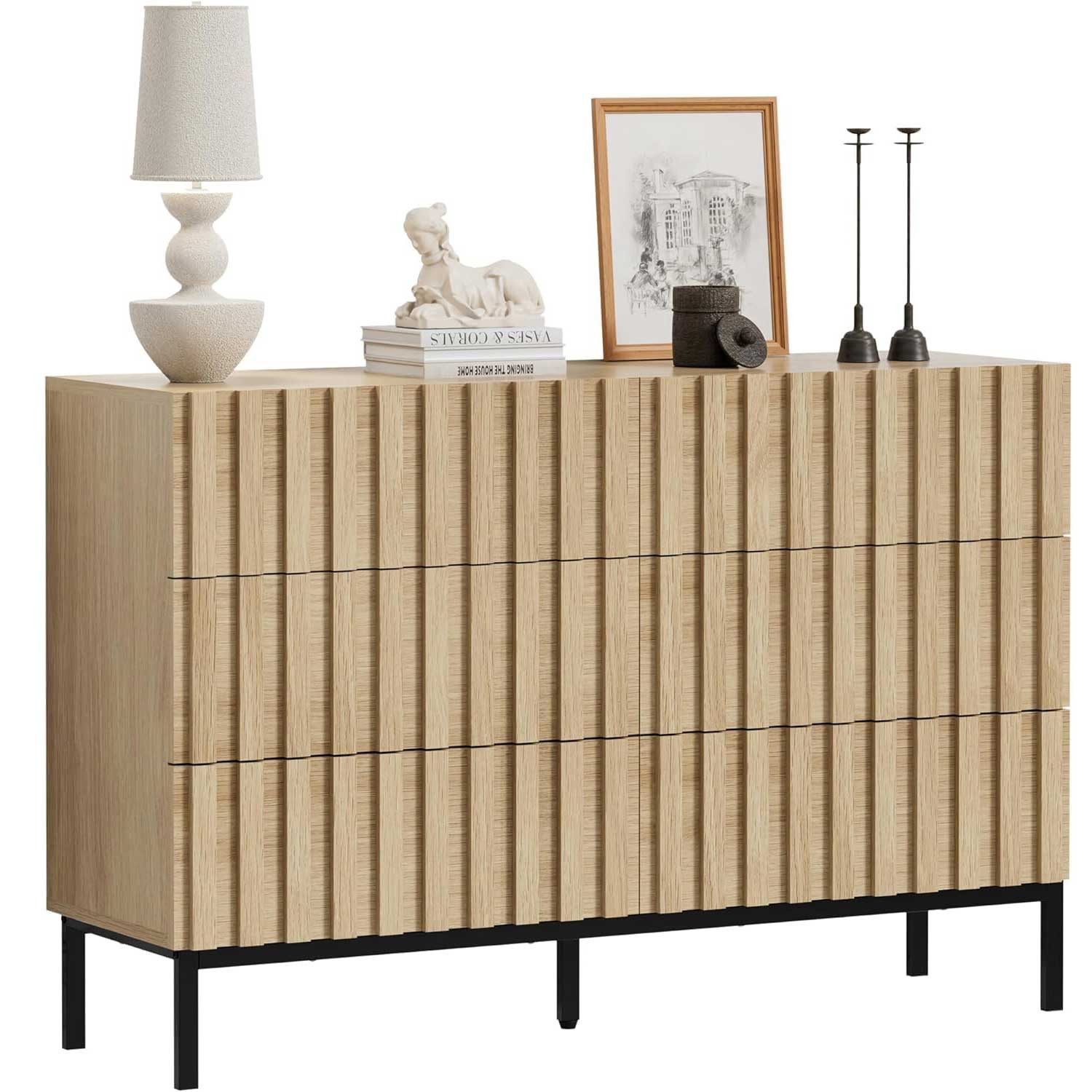 UEV Kommode mit 6 Schubladen, Sideboard mit Lamellen (Küchenschrank Buffet TV Board Schrank mit Füße Aufbewahrungsschrank, Anrichte Schrank mit Metallfüßen, Highboard, Sideboard, Schmal kommode), 73,4 x 34,5 x 100cm für Wohnzimmer Schlafzimmer Flur. Reduzierter Preis € 174,99. Unverbindliche Preisempfehlung € 249,99
