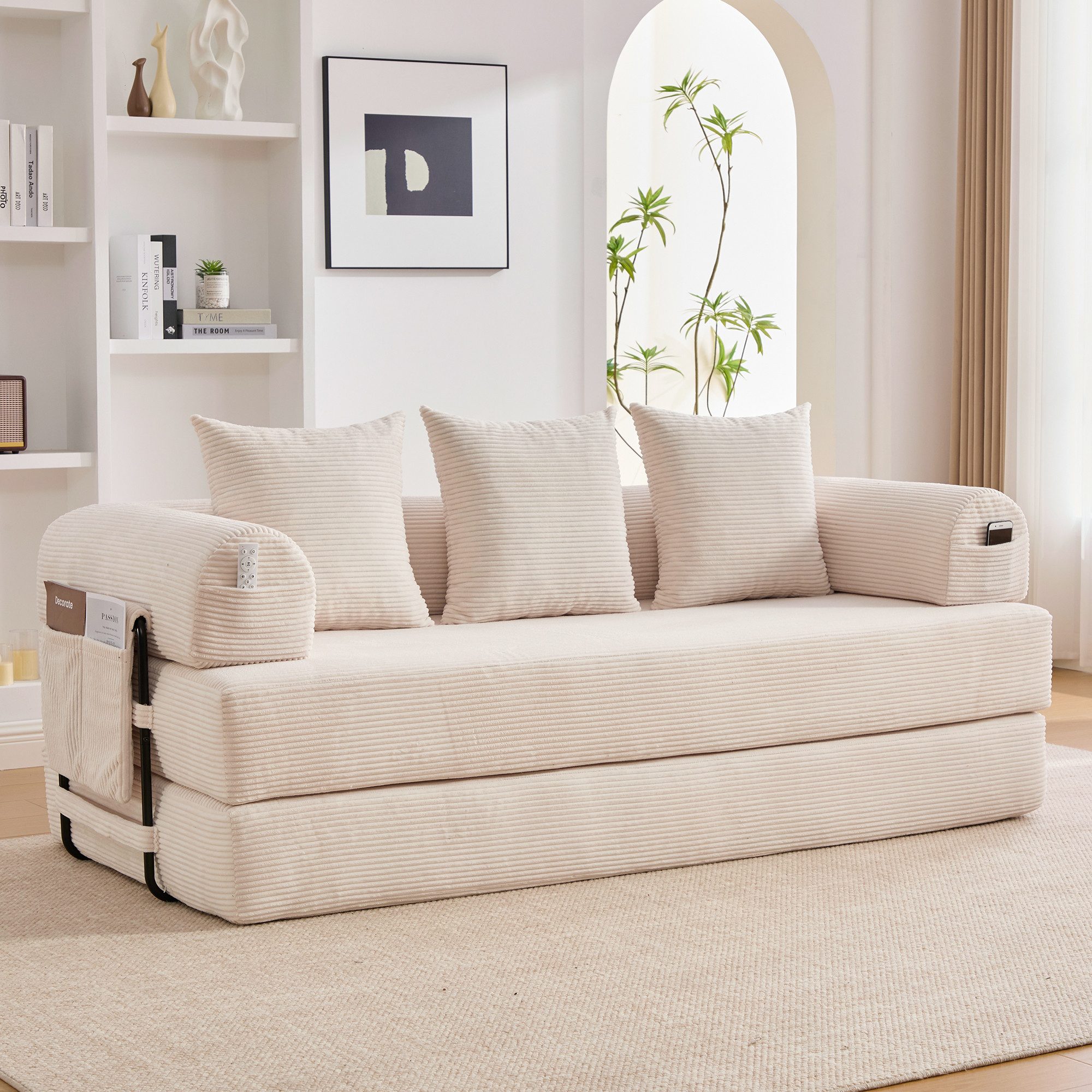 STILVORA Sofa mit Seitentaschen,Klappsofa Relaxsofa mit Kissen&Metallrahmen, Stoffbezug, inklusive 3 Kissen und praktischen Seitentaschen, flexibel kombinierbar zur individuellen Loungegestaltung
