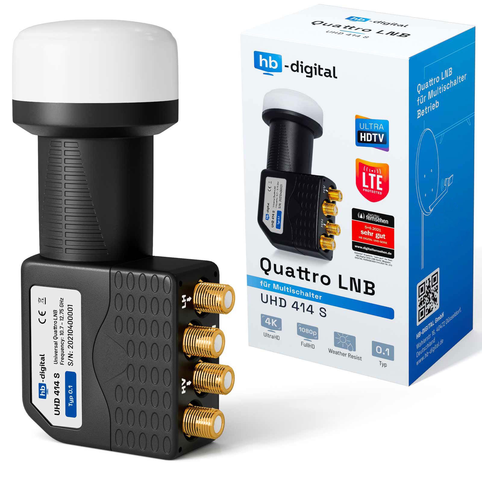 HB-DIGITAL LNB Quattro UHD 414S für Multischalter wasserdicht Universal-Single-LNB (für 4 Teilnehmer, Die vergoldeten F-Anschlüsse für noch bessere Signalübertragung)