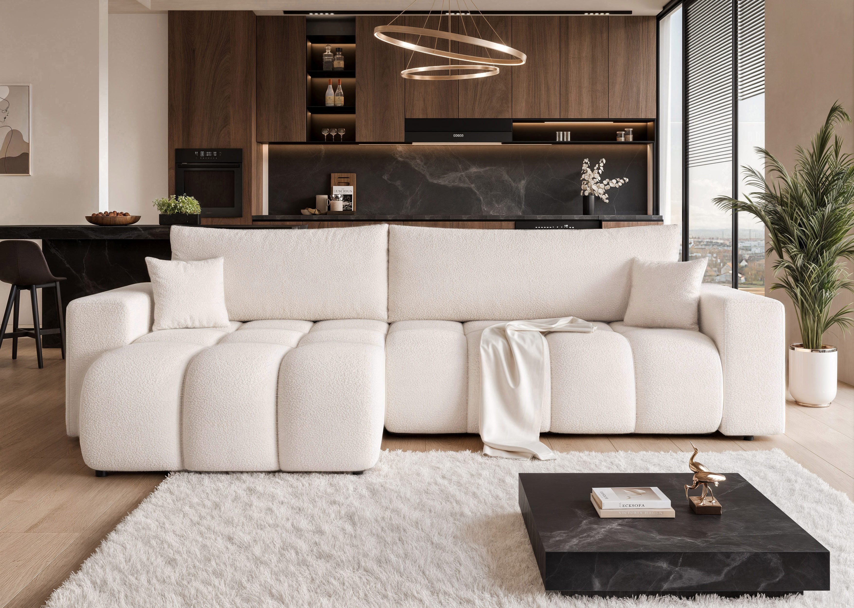 yourhouse24 Ecksofa OFI XL mit tiefer Steppung (278 cm) – Trend-Bouclé, Schlaffunktion, Seite universal
