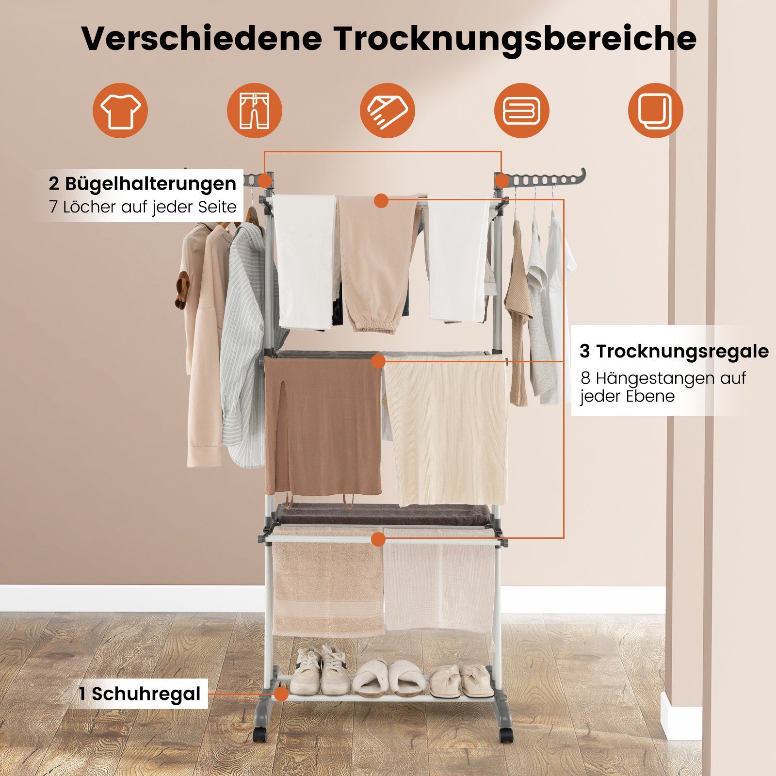 COSTWAY Turmwäscheständer, klappbar, platzsparend, mit Rollen, ausziehbar, 127cm