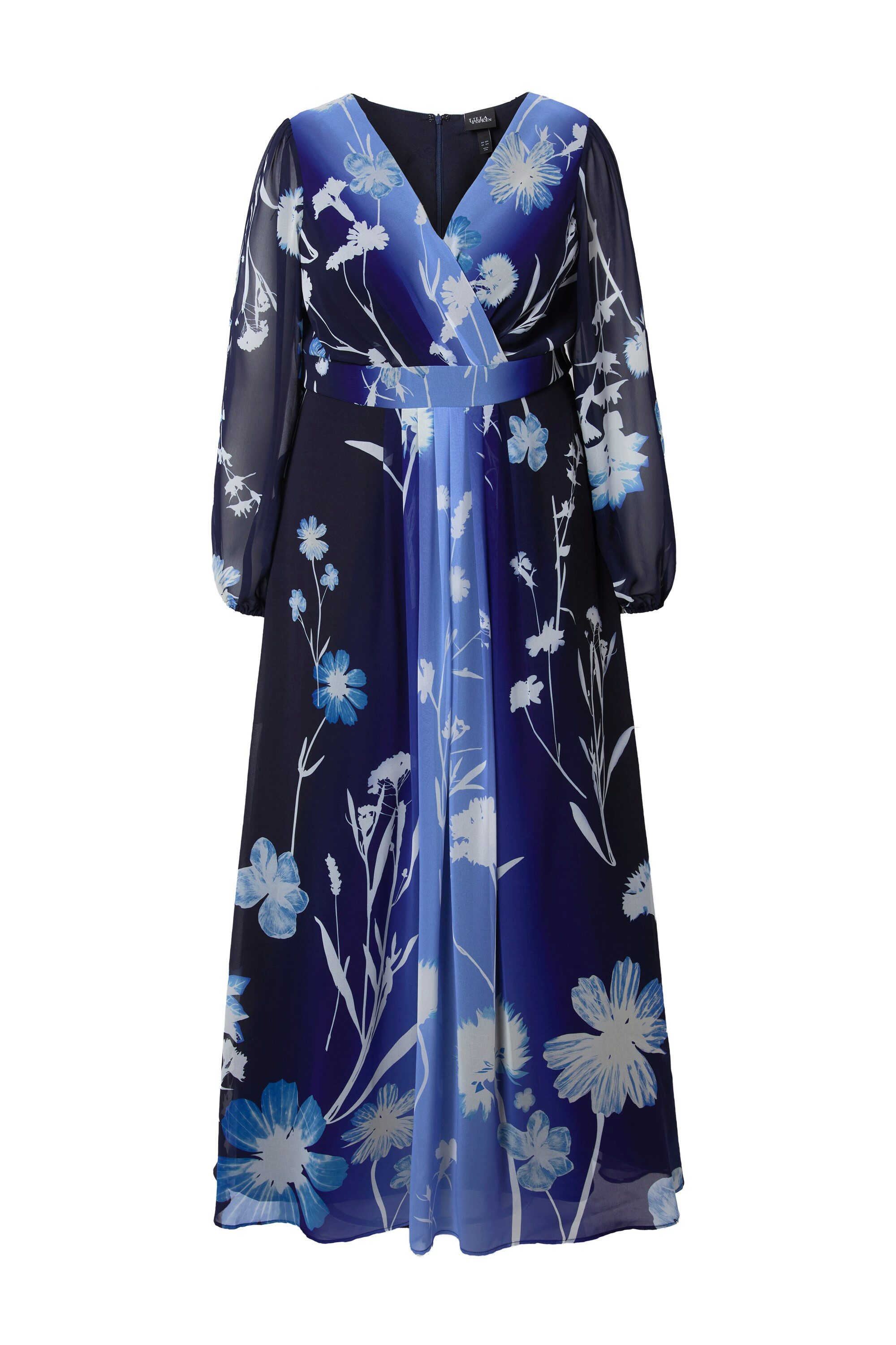 Ulla Popken Cocktailkleid Abendkleid Blüten A-Linie V-Ausschnitt Langarm