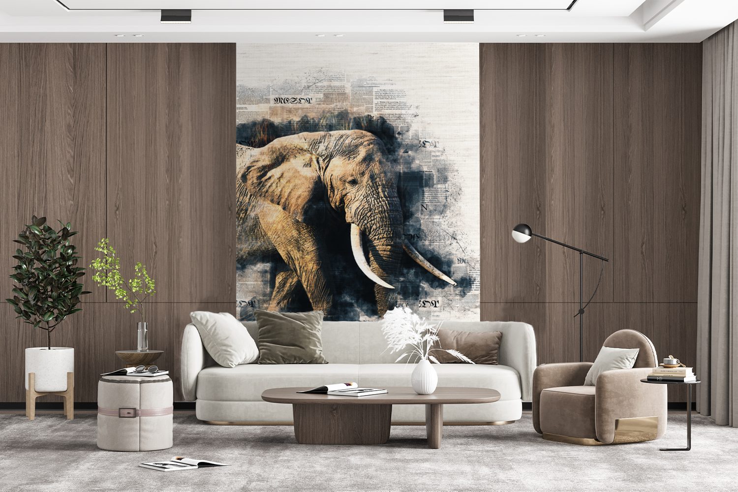 Matt, St), MuchoWow Elefant Montagefertig - (3 Wohnzimmer, für Fototapete bedruckt, Vinyl Wandtapete - Tapete Farbe Zeitungspapier,