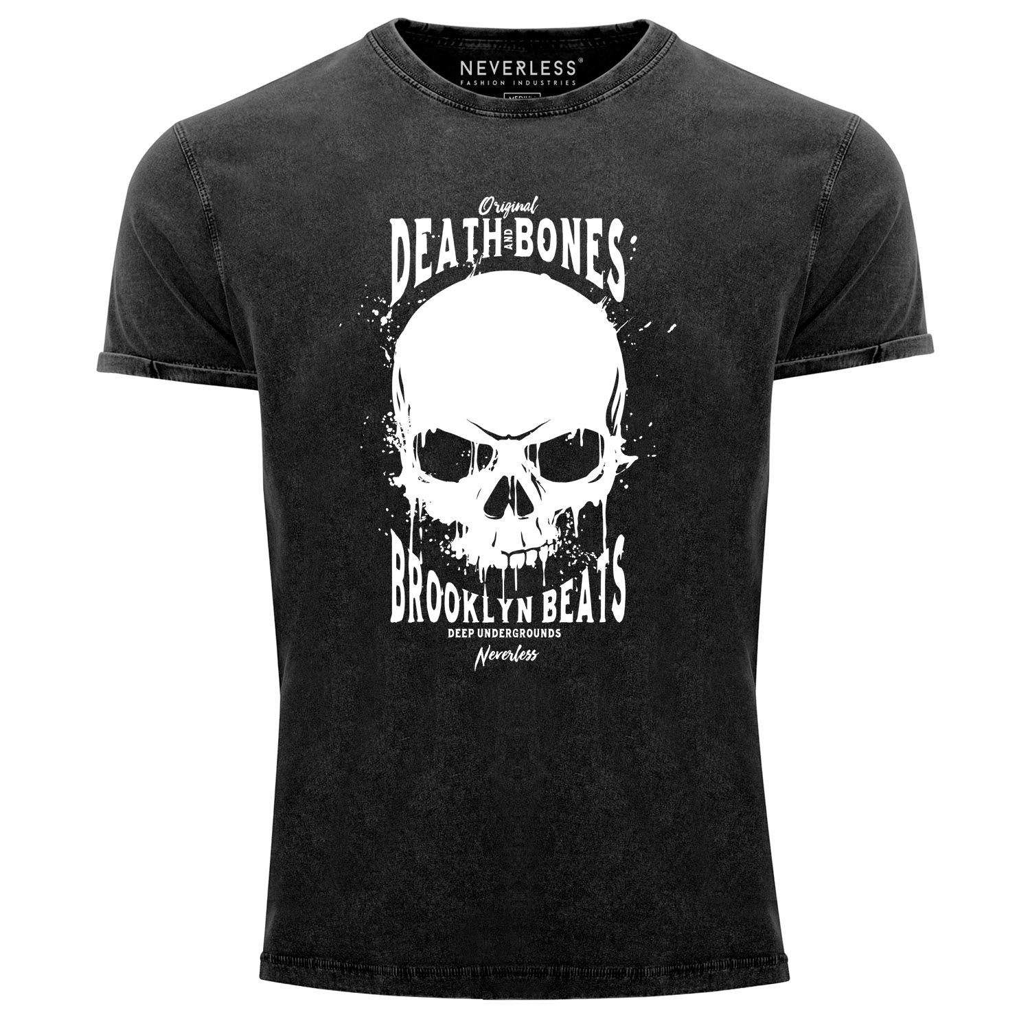 Neverless Print-Shirt Neverless® Herren T-Shirt Vintage Shirt Printshirt Skull Death and Bones Aufdruck Used Look Slim Fit mit Print schwarz