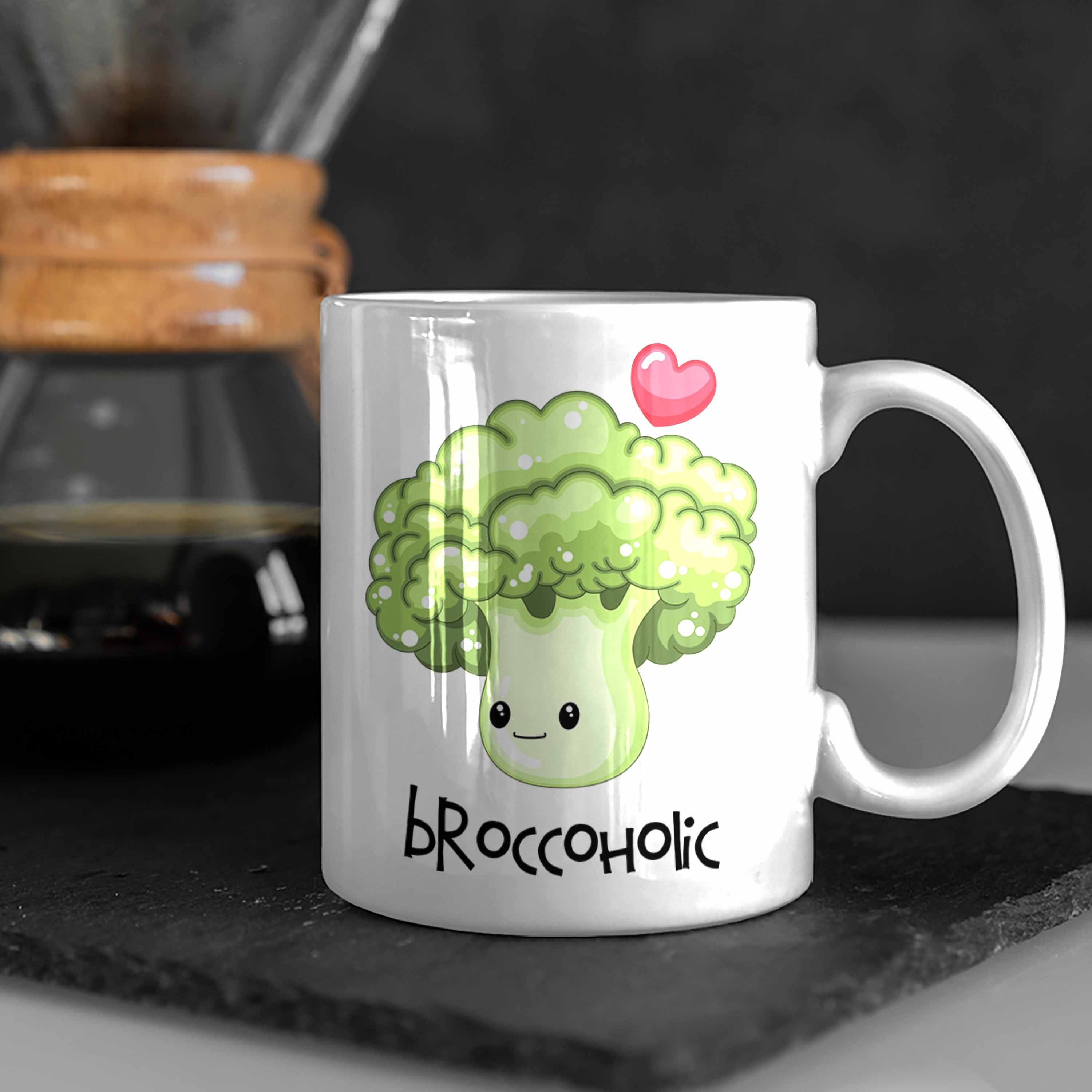 Trendation Tasse Lustige Broccoli-Tasse "Broccoholic" Witziges für Weiss Geschenk Gemüseliebh