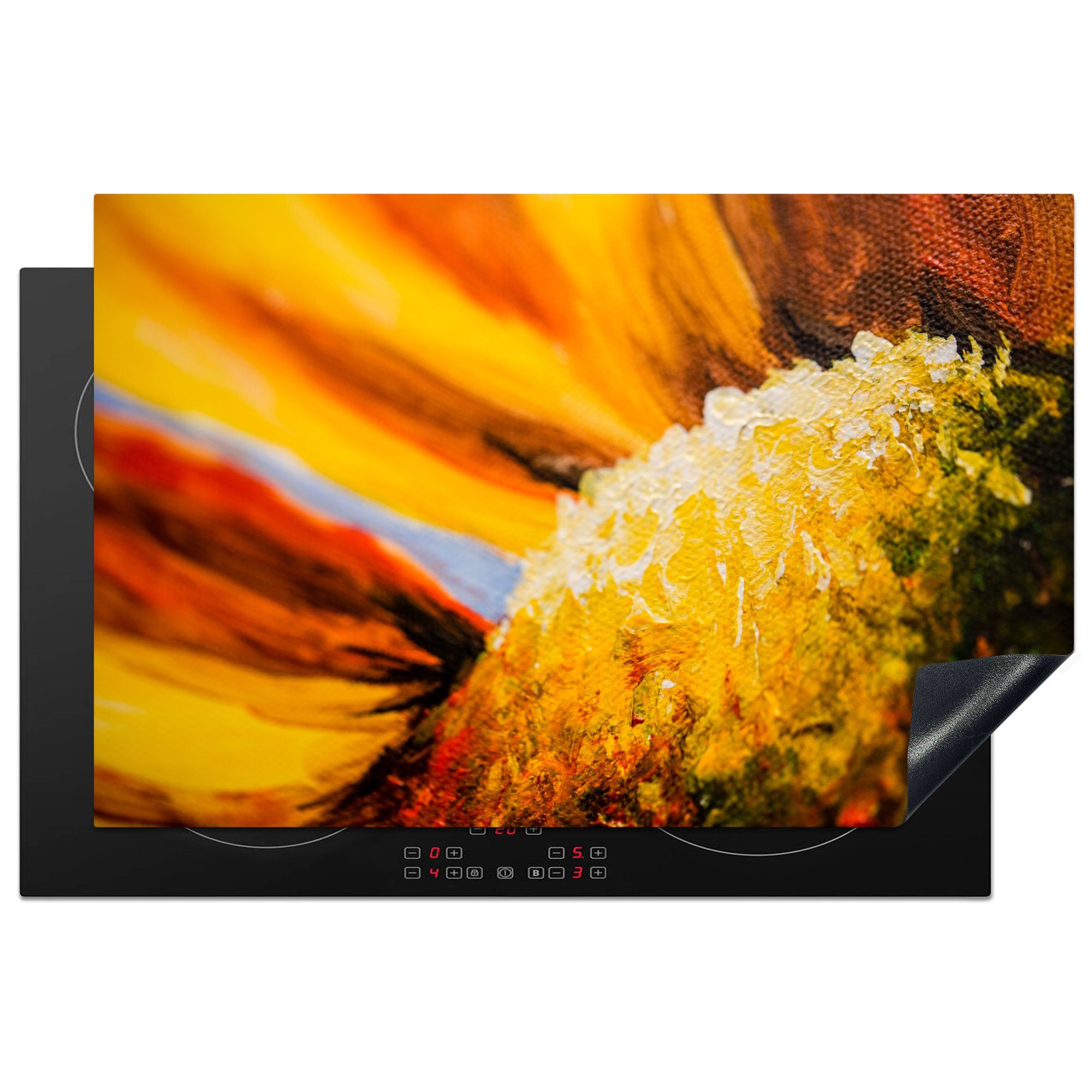MuchoWow Herdblende-/Abdeckplatte Nahaufnahme eines Ölgemäldes mit einer Sonnenblume, Vinyl, (1 tlg), 81x52 cm, Induktionskochfeld Schutz für die küche, Ceranfeldabdeckung