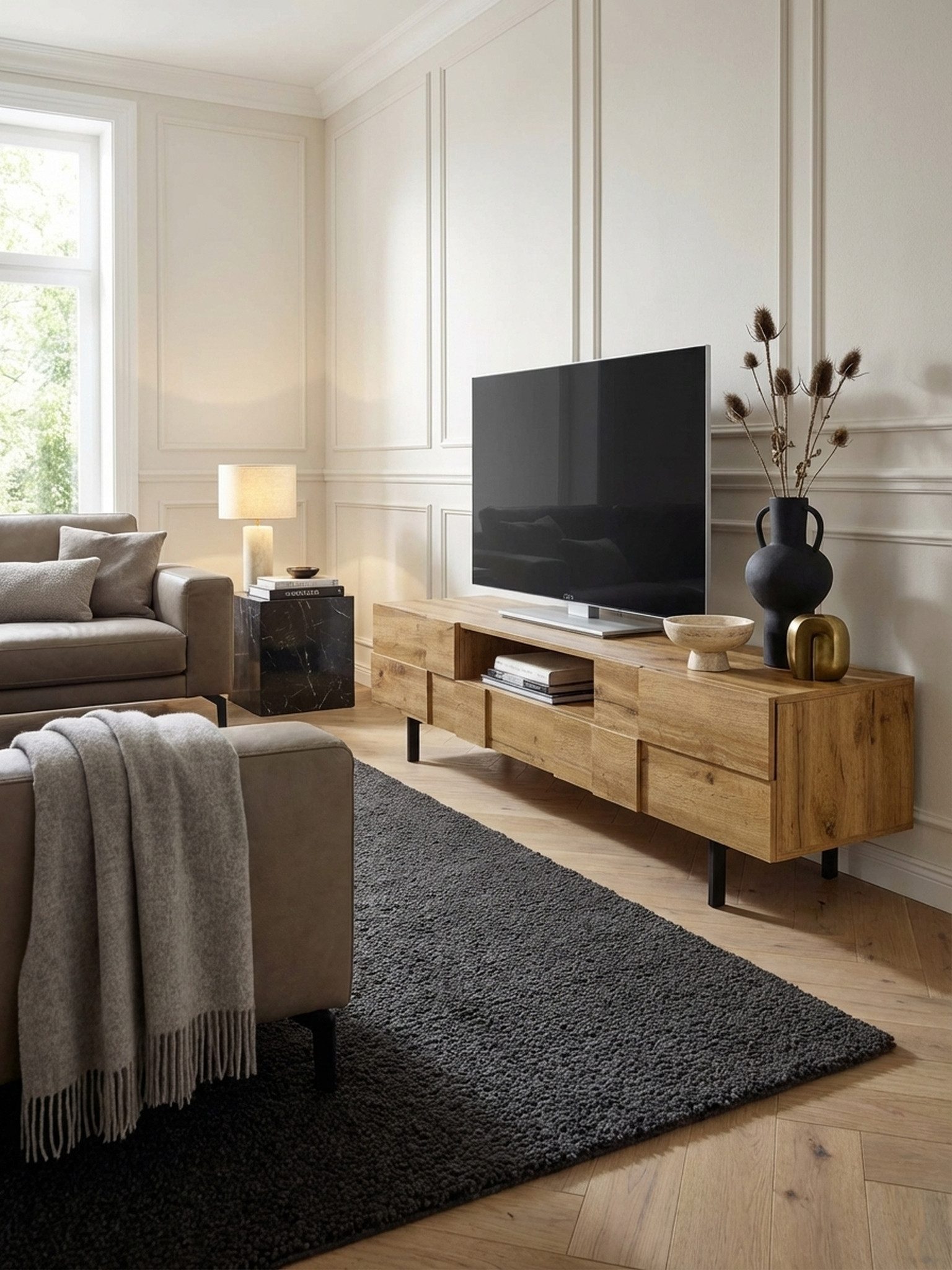 KADIMA DESIGN Lowboard Lowboard Holz Eiche-Dekor 160x46x43 cm TV-Kommode mit zwei Türen, (Fernsehkommode Wohnzimmer), Design TV-Schrank Hoch, Fernsehtisch Fernsehschrank Modern