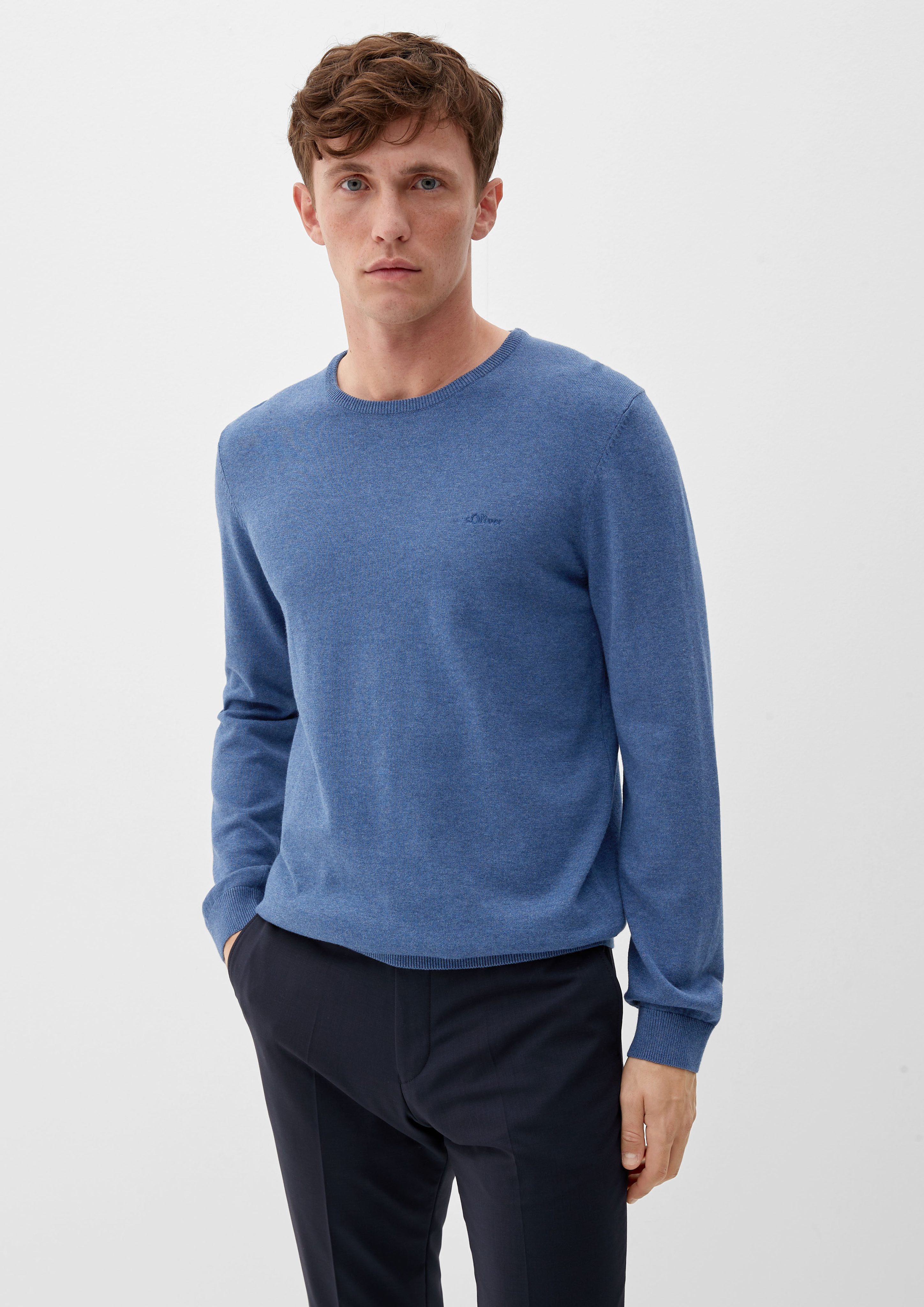 s.Oliver Strickpullover Pullover aus Logo Feinstrick dunkelblau meliert