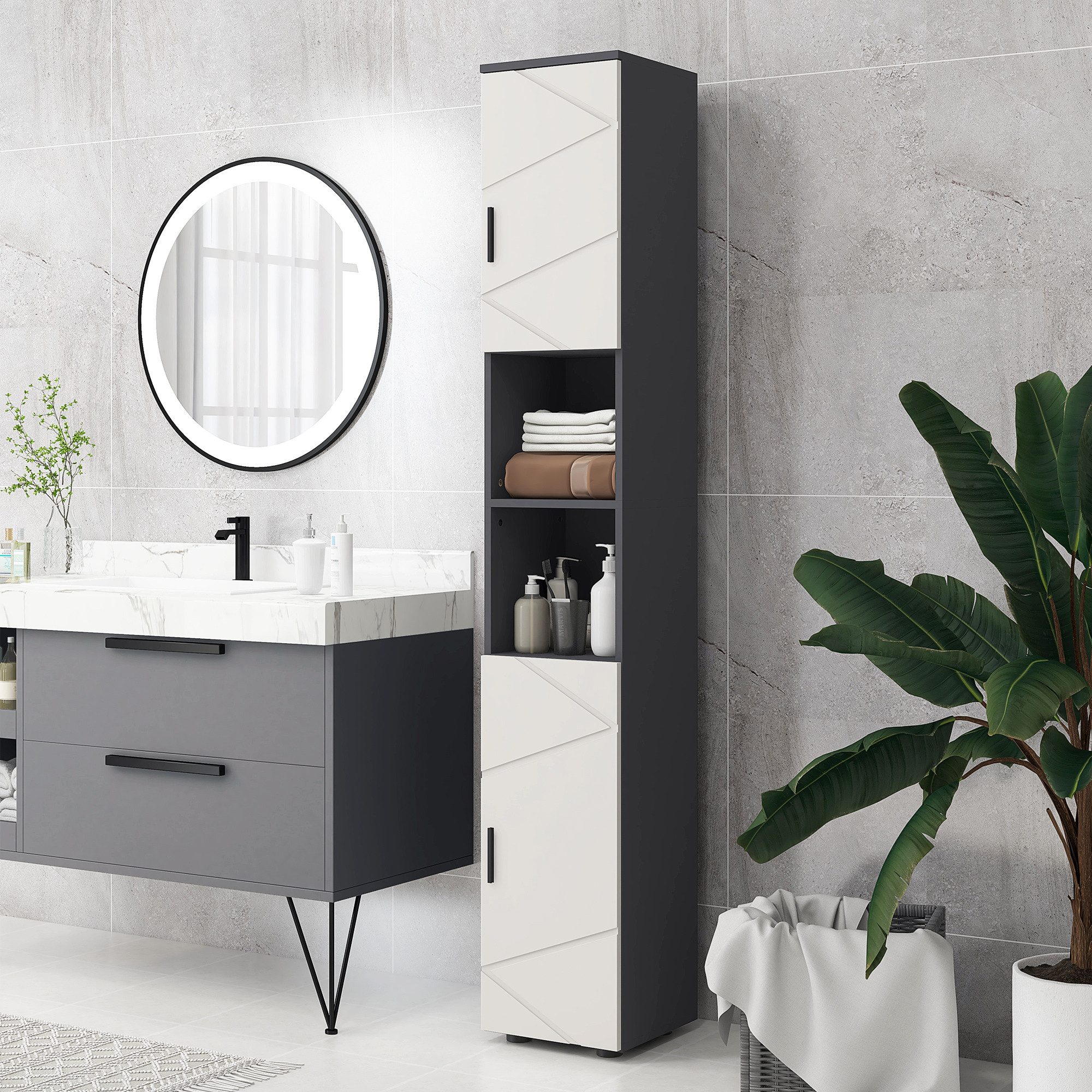 Kleankin Badkommode Hochschrank Toilettenschrank, 2 offenen Fächern, für kleine Räume (schmaler Badezimmer-Aufbewahrungsschrank, 1 St., mit verstellbaren Regalen), 30 x 30 x 183 cm, Dunkelgrau