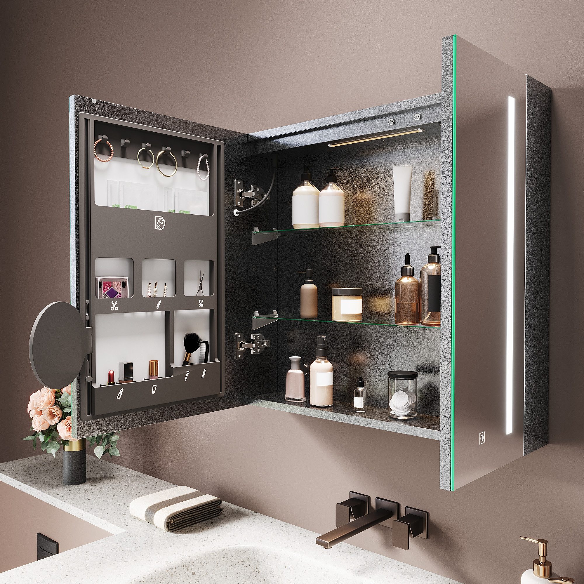 SONNI Spiegelschrank Spiegelschrank Badezimmerschrank 70×65cm Bestseller mit 3-farbiger dimmbarer Beleuchtung – Bild 3 von 5