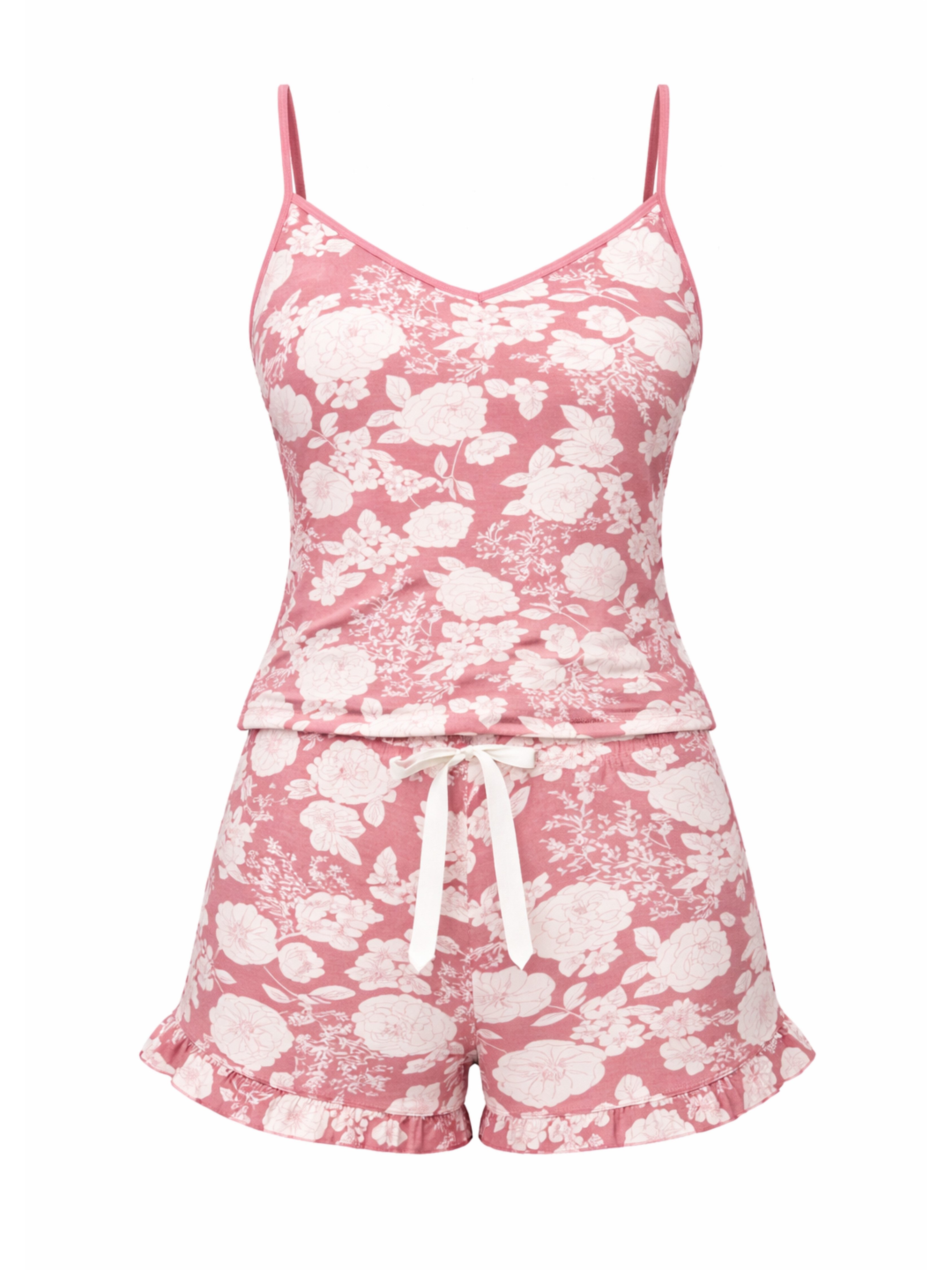 Donna Shorty Schlafanzug kurz premium Viskosemischung, Rosen Allover-Druck, Made in Europa