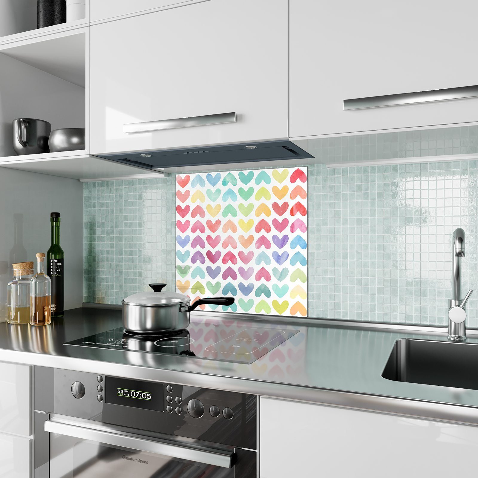 Primedeco Küchenrückwand Küchenrückwand Spritzschutz Glas mit farbig Herzen Motiv