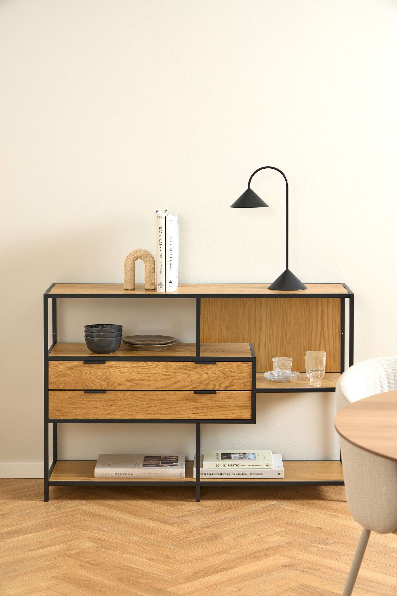 ACTONA GROUP Regal Seaford, Standregal, Regal, Raumteiler, schwarzer Stahlrahmen, 2 Schubladen, Wendemodul, Breite 114 cm