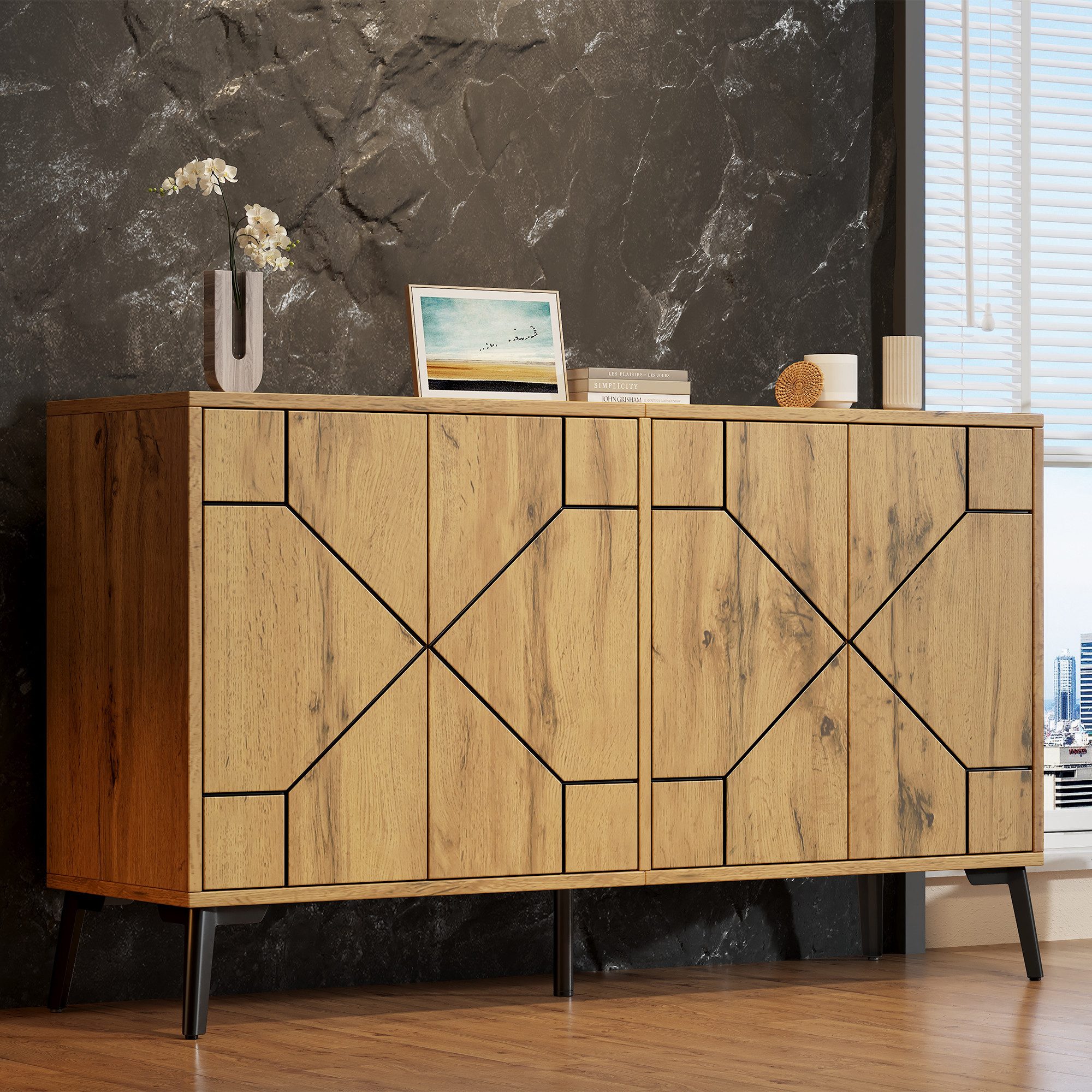 Merax Sideboard mit 4 Türen und großem Stauraum, Kommode mit Push-to-Open Mechanismus (120x35x69cm, 1 St), Aufbewahrungsschrank mit Wellenmuster, Küchenschrank  – Bild 4 von 5