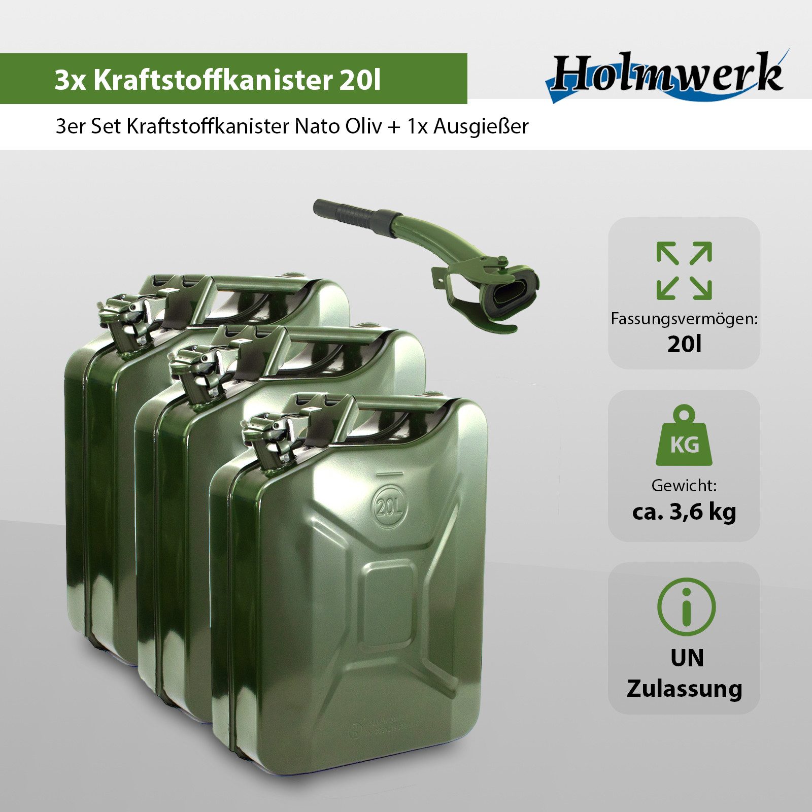 Holmwerk Kanister 3xDieselkanister 20 Liter Metallkanister Olivgrün mit Ausgießer (3er Set), Metallkanister Kraftstoffkanister Metall