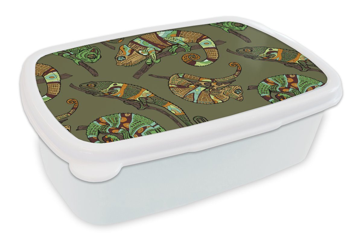 Kinder Kunststoff, und MuchoWow Jungs Lunchbox Muster Erwachsene, - Brotdose, für Mädchen Chamäleons, Dschungel (2-tlg), für weiß - und Brotbox