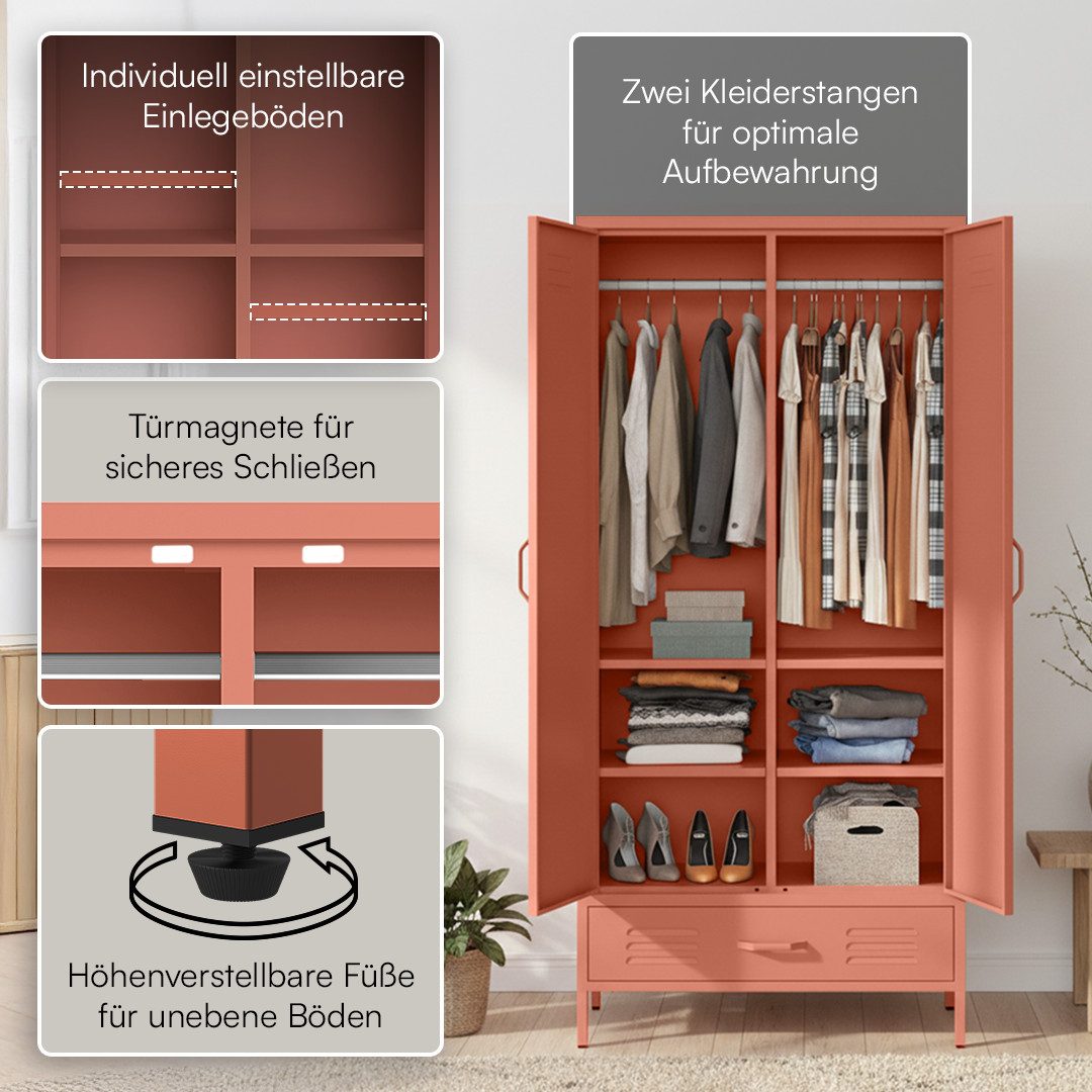 skølm Kleiderschrank Atria aus Metall (Terrakotta) Metallschrank mit 6 Fächern, 1 Schublade & 2 Kleiderstangen