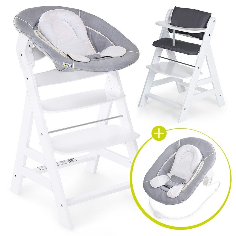 Hauck Plus ab Holz Babystuhl Neugeborene Sitzauflage Hochstuhl Newborn Alpha St), (Set, White für - Aufsatz Set & 4 Geburt inkl.