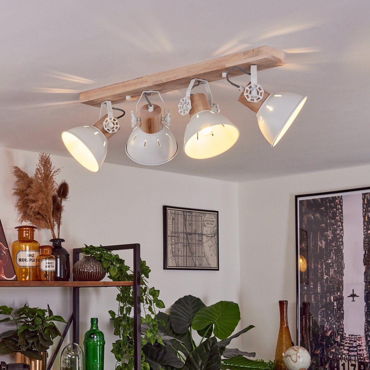 Vintage-Design mit Metall/Holz Strahlern,E27 Retro-Leuchte ohne Leuchtmittel, im in »Cotes« Deckenleuchte Weiß/Natur, Deckenlampe Holzbalken,verstellbaren hofstein aus