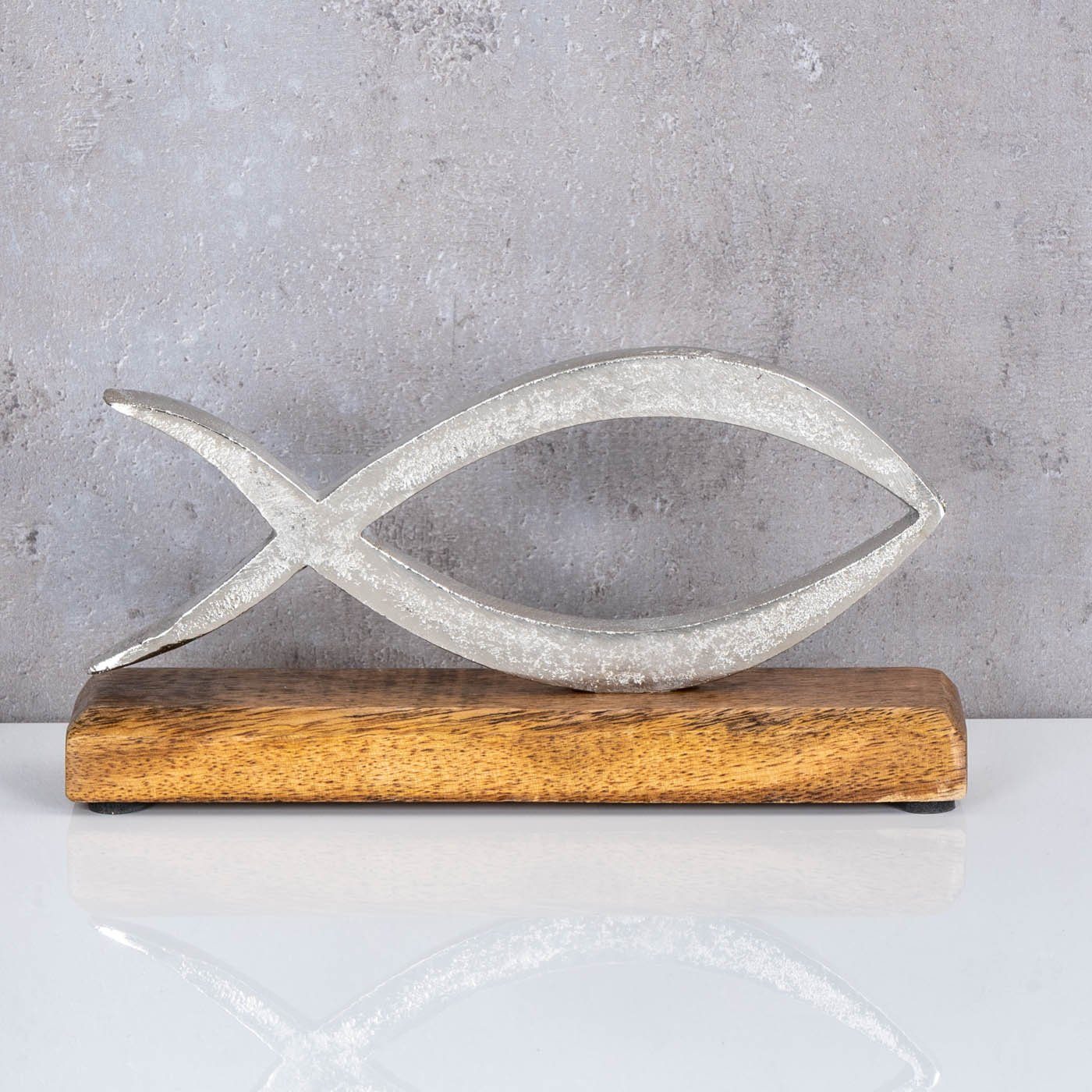 Levandeo® Dekoobjekt, Aufsteller Fisch L13cm Metall Mango Holz Silber Natur Maritime Deko