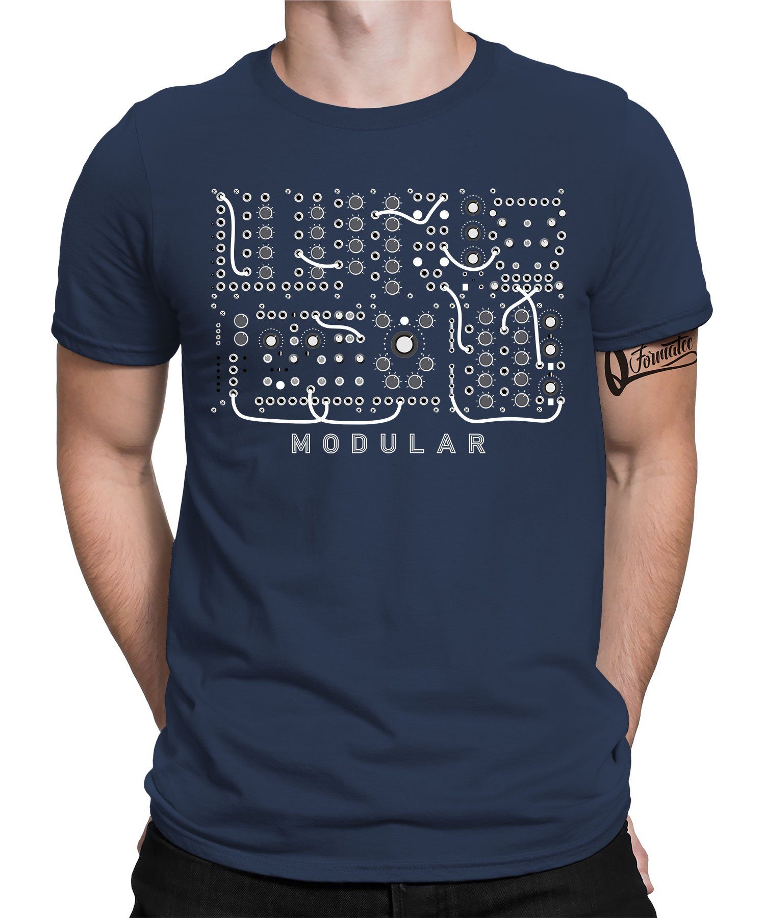 Quattro Formatee Kurzarmshirt Modular Steckfelder - Elektronische Musiker Synthesizer Herren T-Shirt (1-tlg) Navy Blau