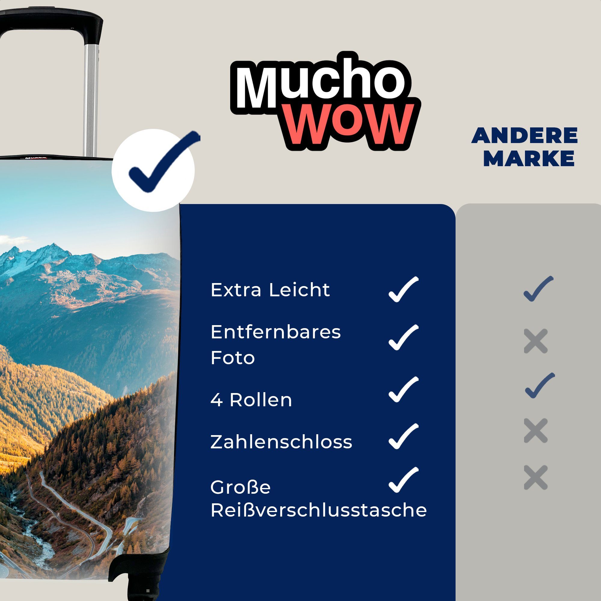 4 Reisetasche Trolley, mit Alpen - für Reisekoffer Straße, rollen, Handgepäck Rollen, - Gebirge Ferien, Handgepäckkoffer MuchoWow