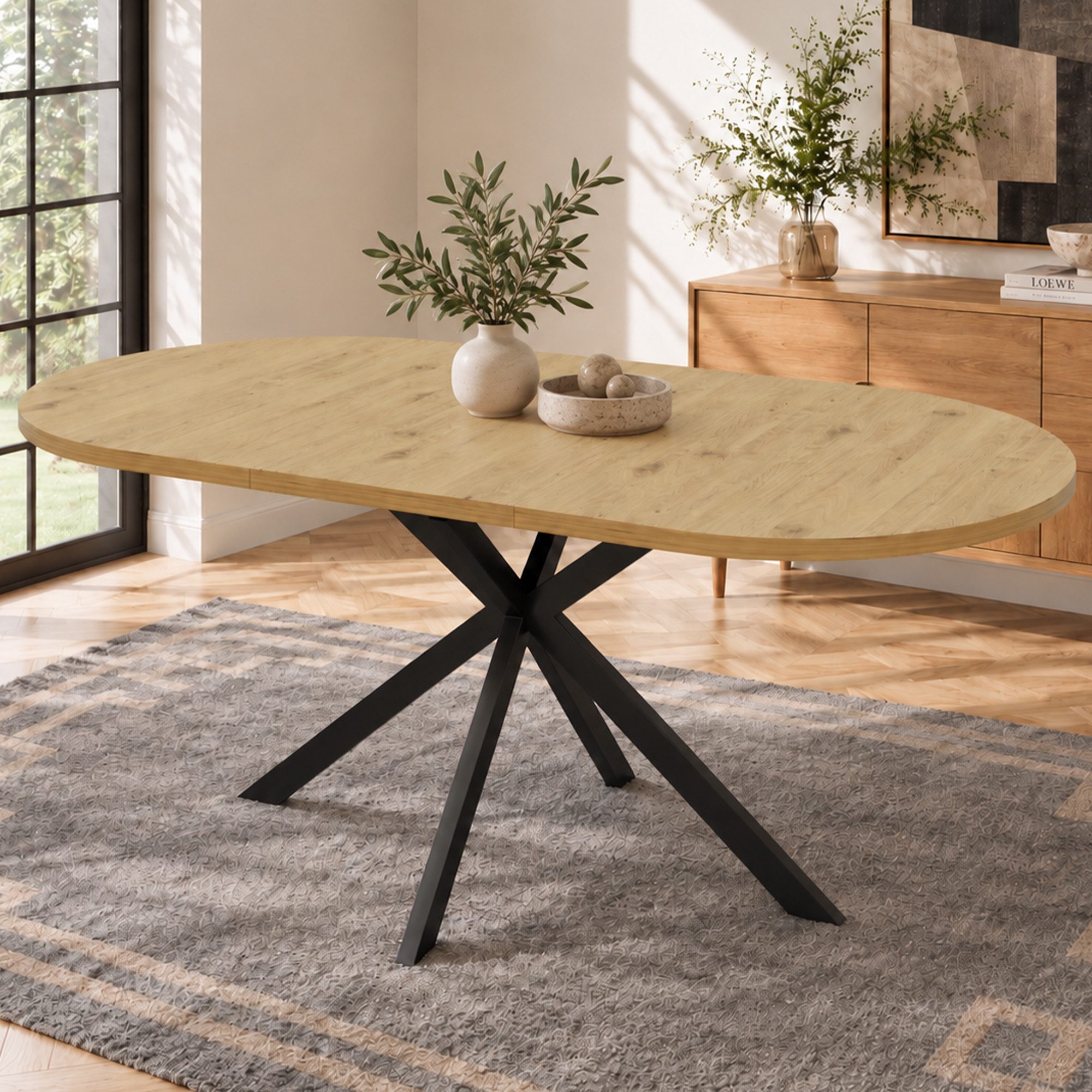 Flieks Esstisch ovaler Küchentisch mit ausziehbarer Tischplatten, Metallbeine (verstellbare Länge 120-160xT80xH75,5 cm, 1-St., 1 Tisch), Esszimmertisch erweiterbar Kulissentisch Arbeitstisch Holzoptik Natur