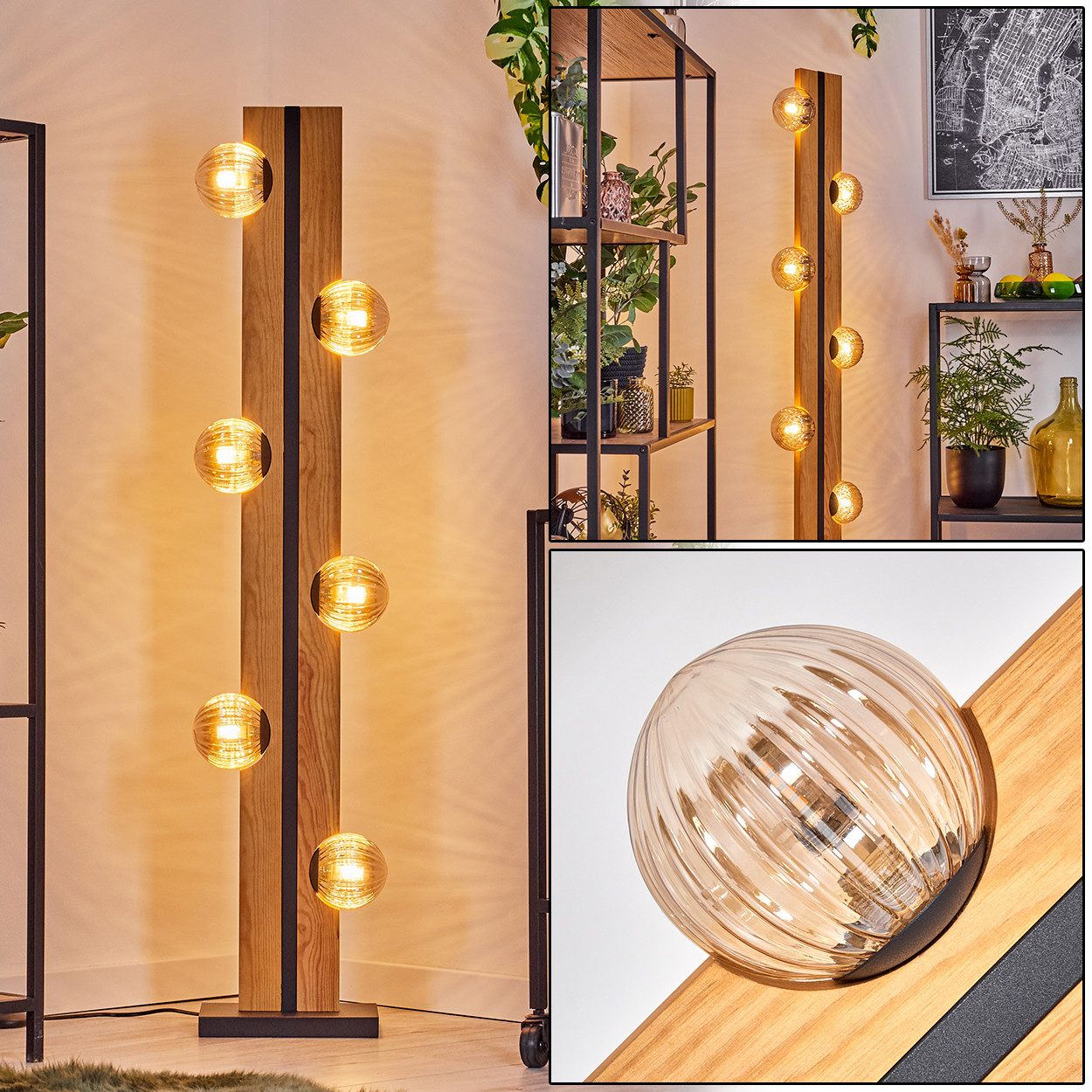 Stehlampe Stehlampe aus Holz/Metall/Riffelglas in Natur/Schwarz/Bernstein