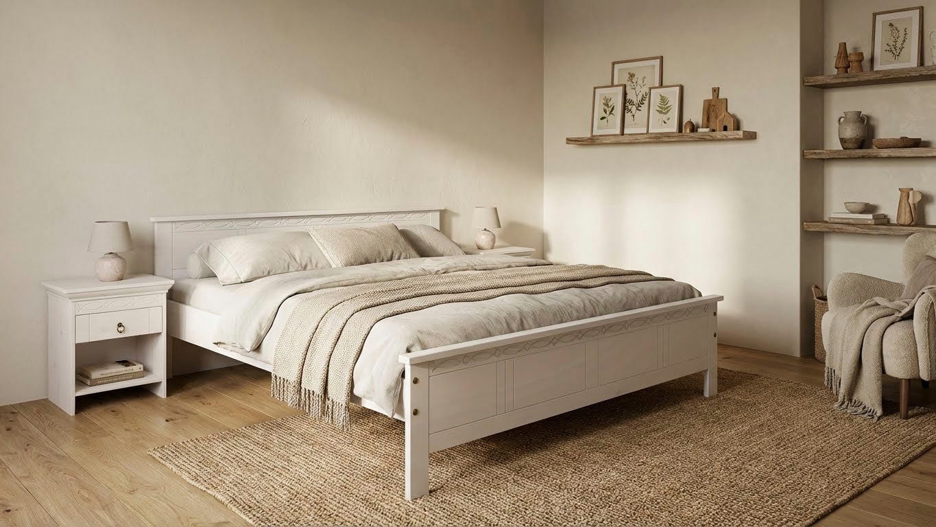 OTTO home Massivholzbett Indra, Landhausstil, edles Design,zertifiziertes Massivholz (Breite/Belastbarkeit 180cm/220 KG, 140cm/180 KG, 90cm/120 KG), mit Kopfteil, mit dekorativen Fräsungen, aus Kiefer