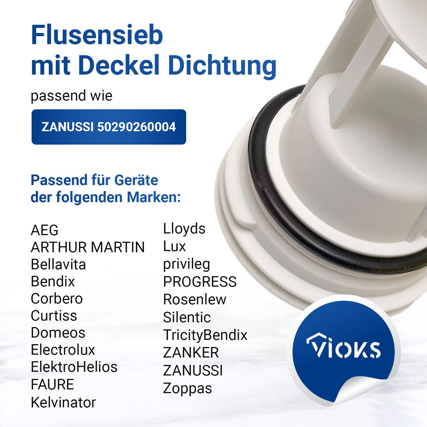 VIOKS Ersatzfilter Flusensieb Ersatz für Zanussi 50290260004, mit Deckel und Dichtung für Waschmaschine