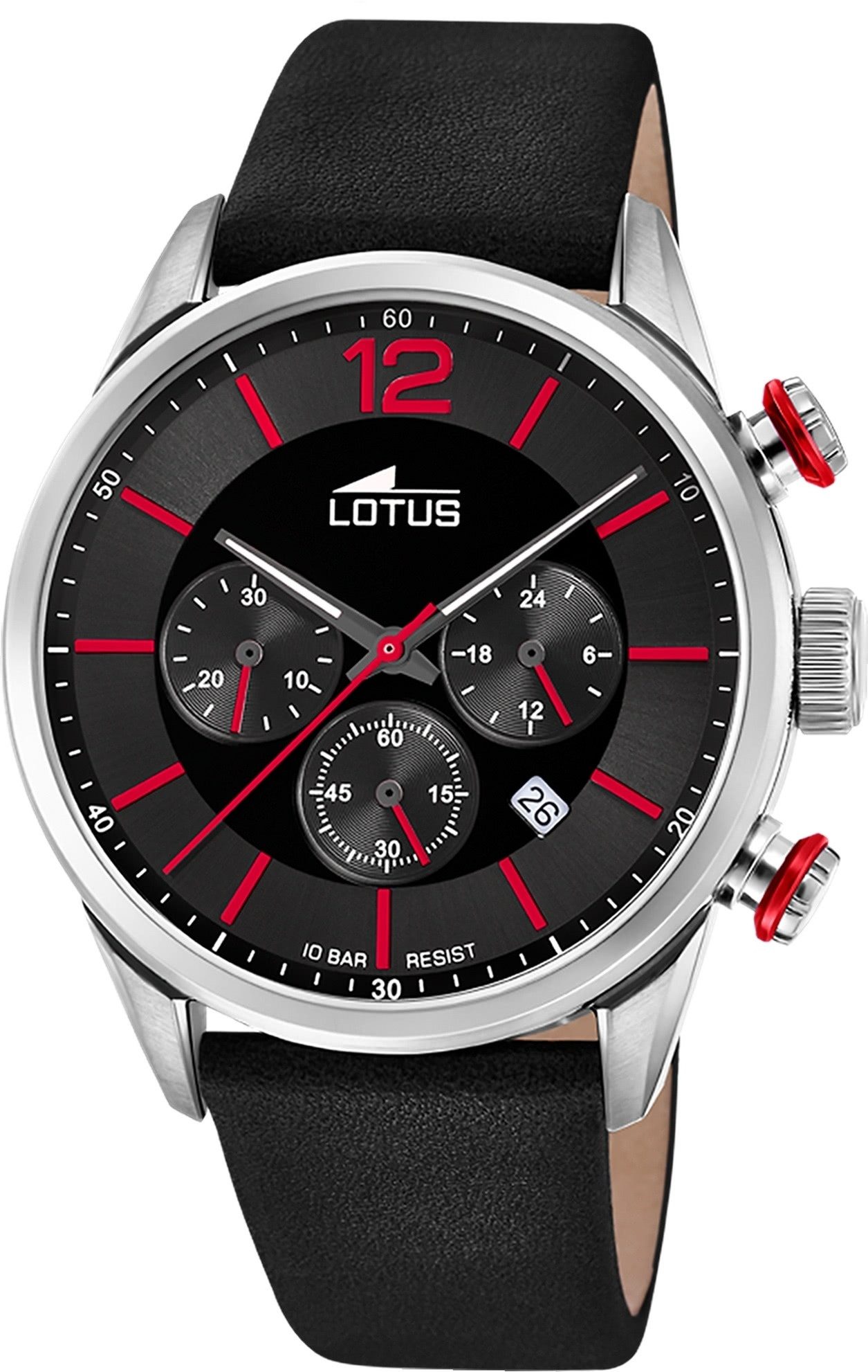 Lotus Chronograph Lotus Herrenuhr Leder schwarz Lotus, (Chronograph), Herren Armbanduhr rund, groß (ca. 43mm), Edelstahl